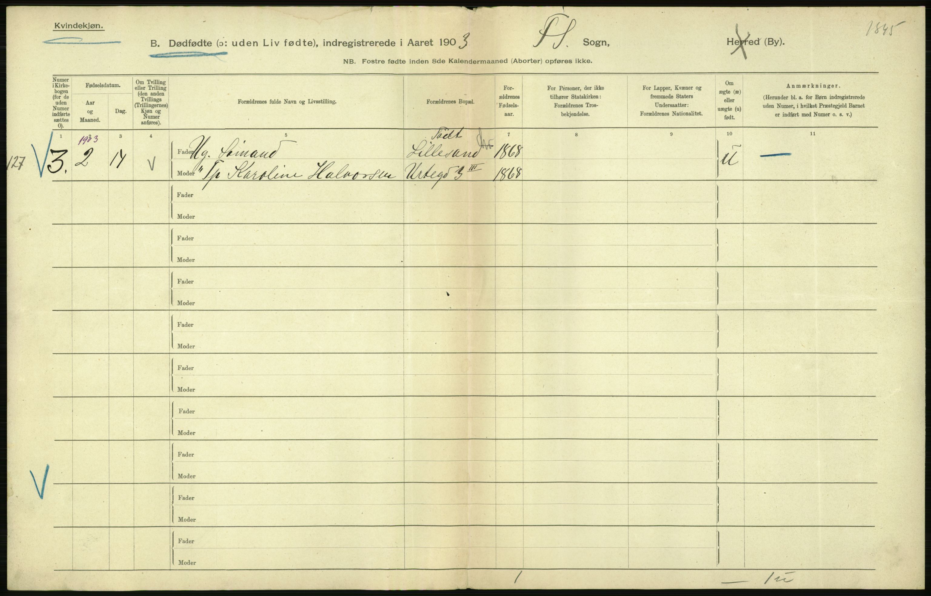 Statistisk sentralbyrå, Sosiodemografiske emner, Befolkning, AV/RA-S-2228/D/Df/Dfa/Dfaa/L0026: Smålenenes - Finnmarkens amt: Dødfødte. Byer., 1903, s. 84