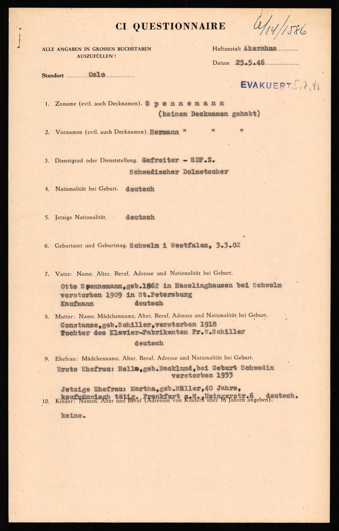 Forsvaret, Forsvarets overkommando II, RA/RAFA-3915/D/Db/L0032: CI Questionaires. Tyske okkupasjonsstyrker i Norge. Tyskere., 1945-1946, s. 205