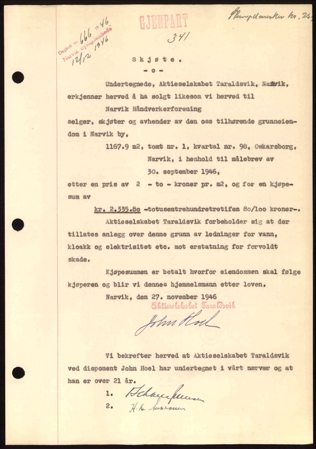 Narvik sorenskriveri, SAT/A-0002/1/2/2C/2Ca: Pantebok nr. A21, 1946-1947, Dagboknr: 666/1946
