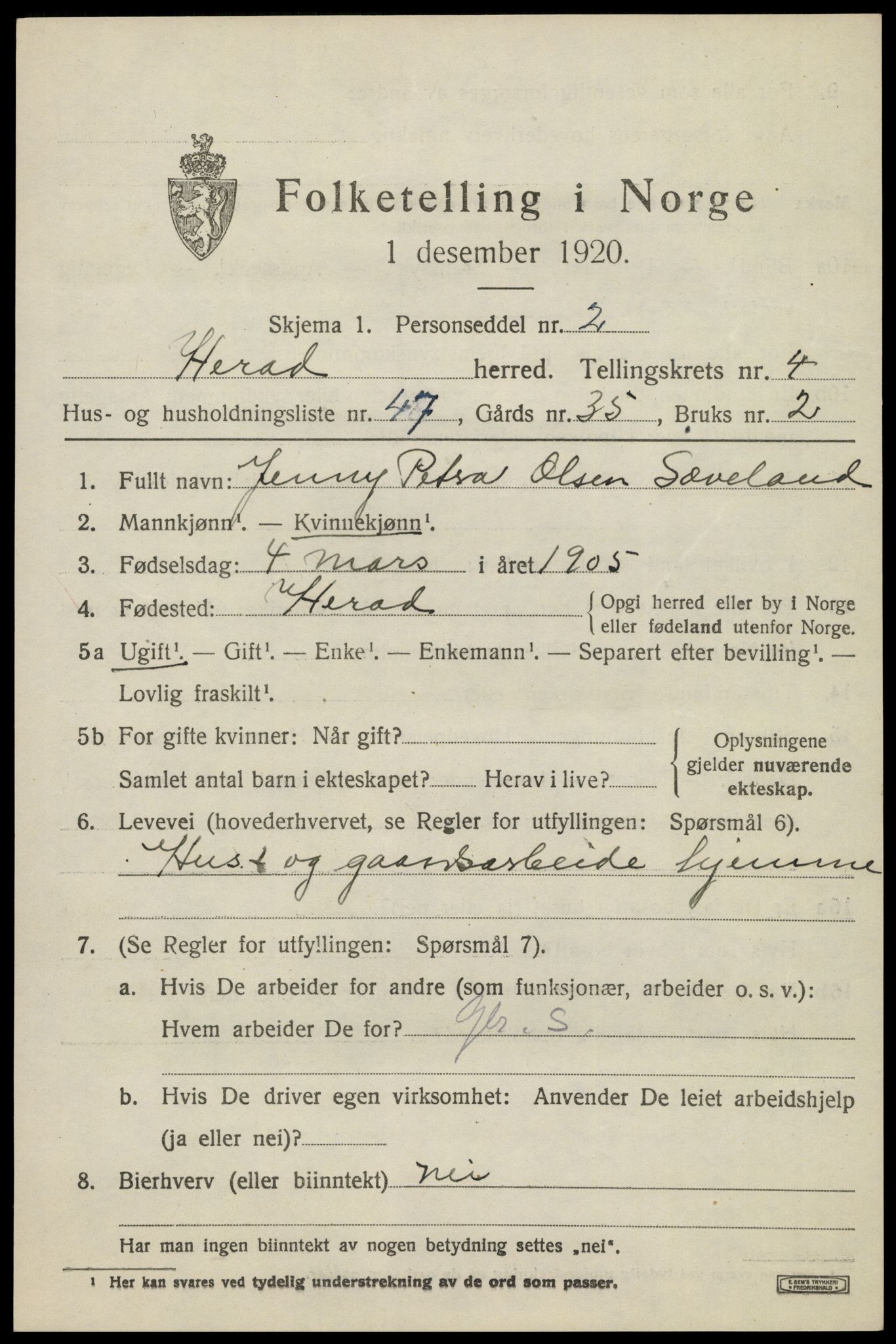 SAK, Folketelling 1920 for 1039 Herad herred, 1920, s. 2192