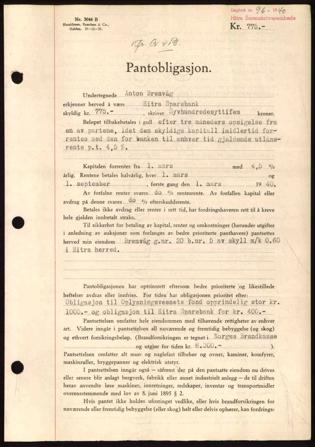 Hitra sorenskriveri, AV/SAT-A-0018/2/2C/2Ca: Pantebok nr. B1, 1939-1949, Dagboknr: 96/1940