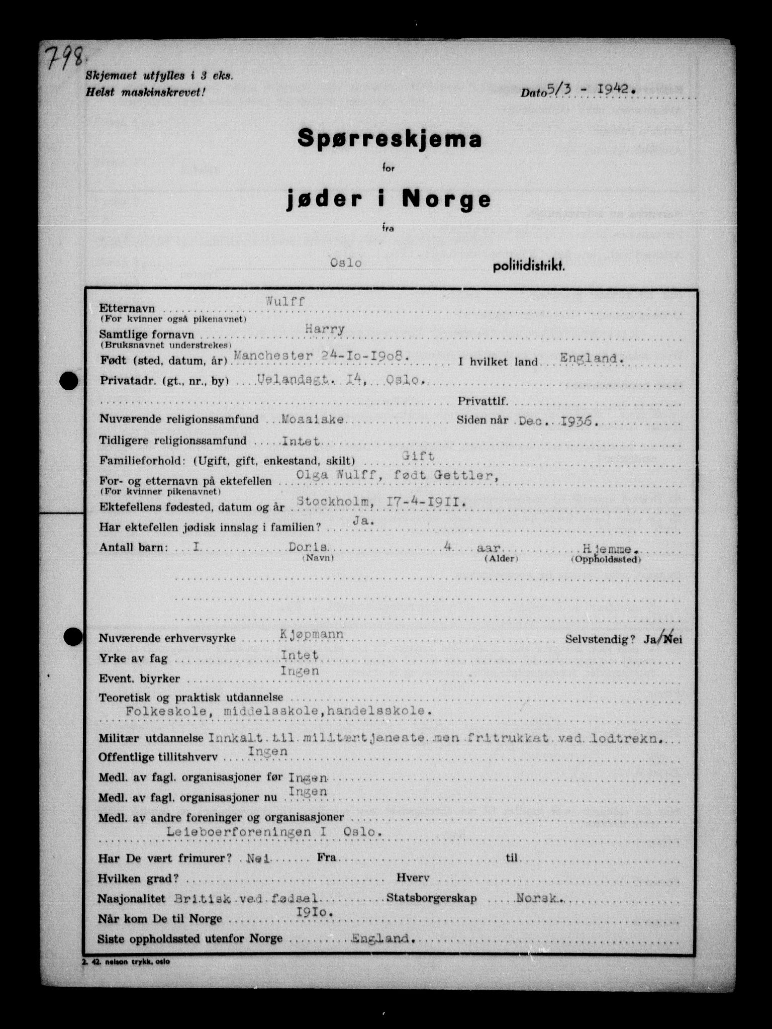 Statspolitiet - Hovedkontoret / Osloavdelingen, AV/RA-S-1329/G/Ga/L0011: Spørreskjema for jøder i Norge. 1: Oslo 610-806 (Plavnik-Zwillinger). 2: Aker 1-113 (Adler-Lewin). , 1942, s. 560