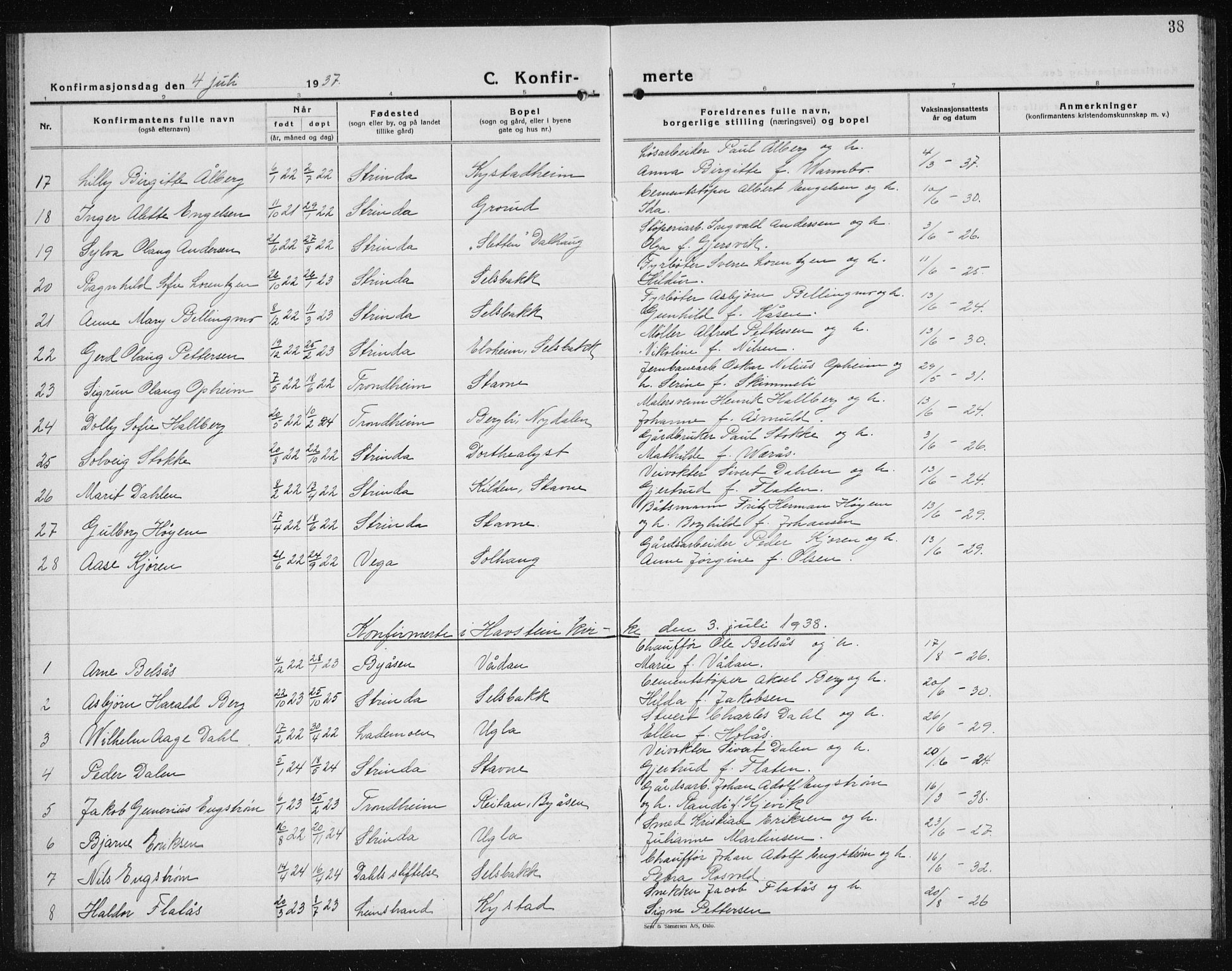 Ministerialprotokoller, klokkerbøker og fødselsregistre - Sør-Trøndelag, SAT/A-1456/611/L0357: Klokkerbok nr. 611C05, 1938-1942, s. 38