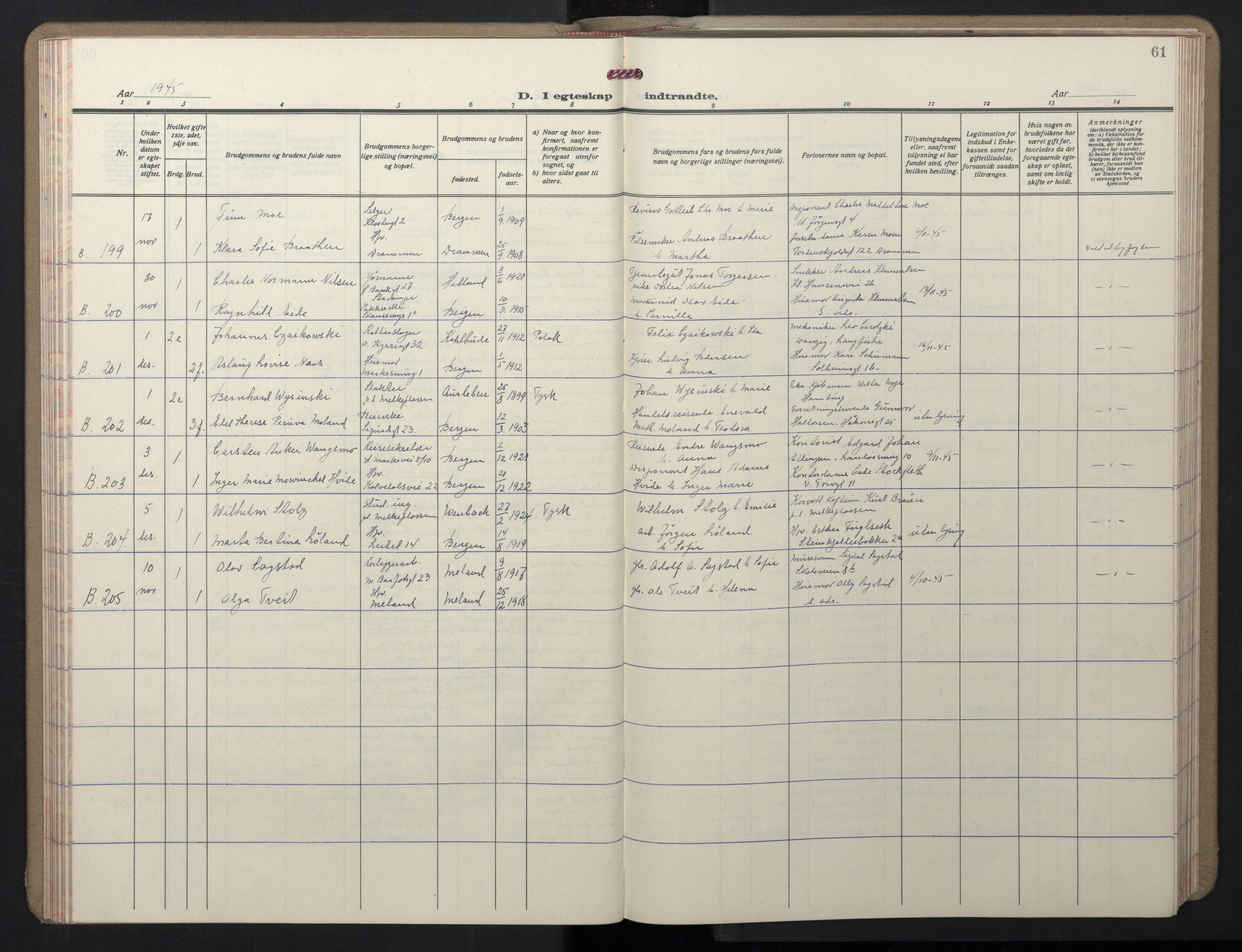 Domkirken sokneprestembete, AV/SAB-A-74801/H/Hab/L0035: Klokkerbok nr. D 7, 1941-1953, s. 61
