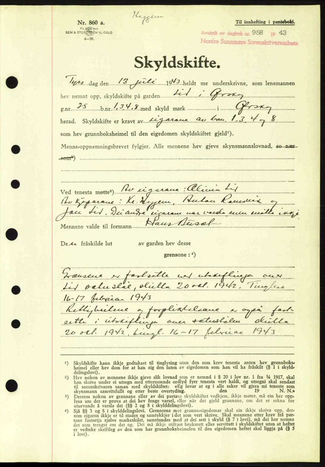 Nordre Sunnmøre sorenskriveri, SAT/A-0006/1/2/2C/2Ca: Pantebok nr. A16, 1943-1943, Dagboknr: 958/1943