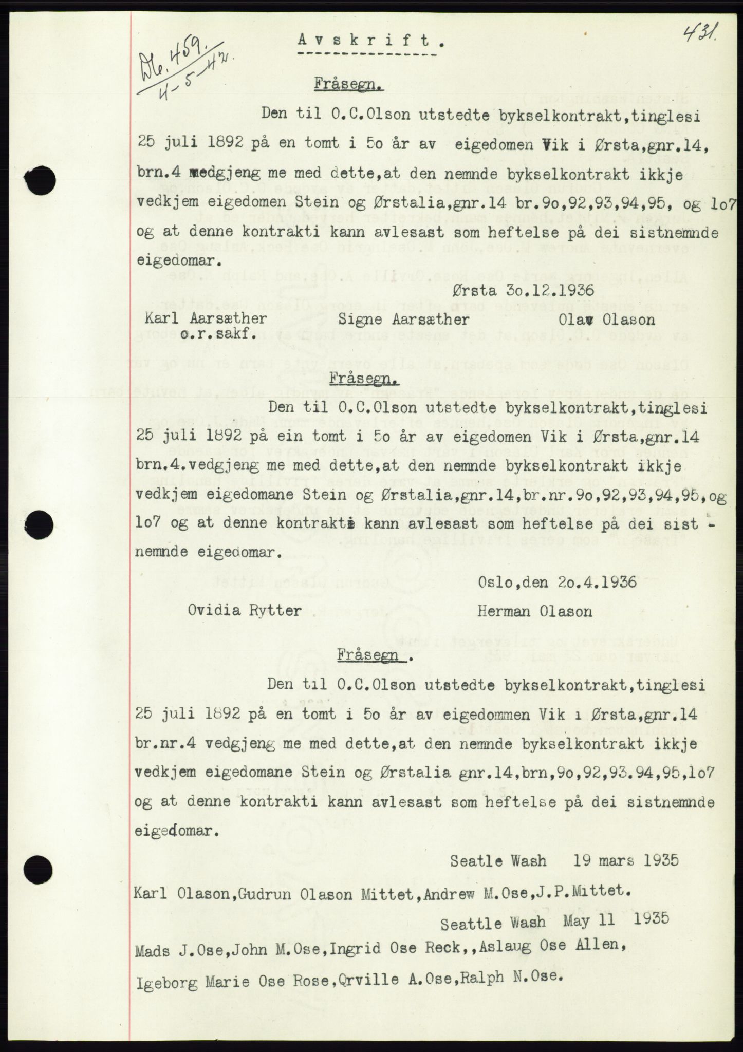 Søre Sunnmøre sorenskriveri, SAT/A-4122/1/2/2C/L0073: Pantebok nr. 67, 1941-1942, Dagboknr: 459/1942