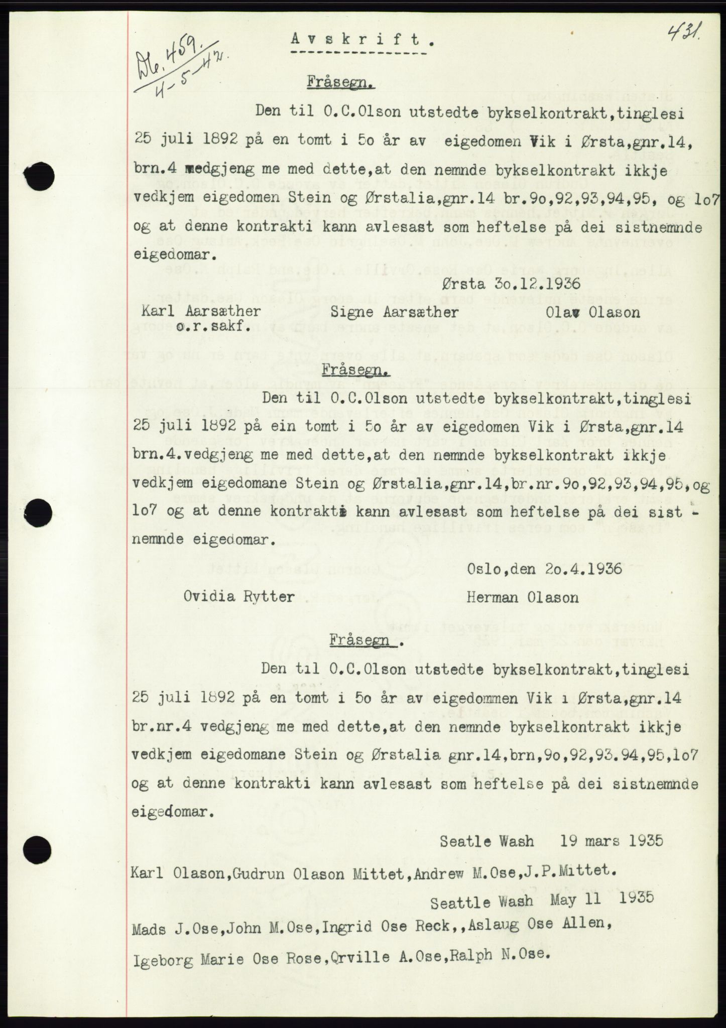 Søre Sunnmøre sorenskriveri, AV/SAT-A-4122/1/2/2C/L0073: Pantebok nr. 67, 1941-1942, Dagboknr: 459/1942