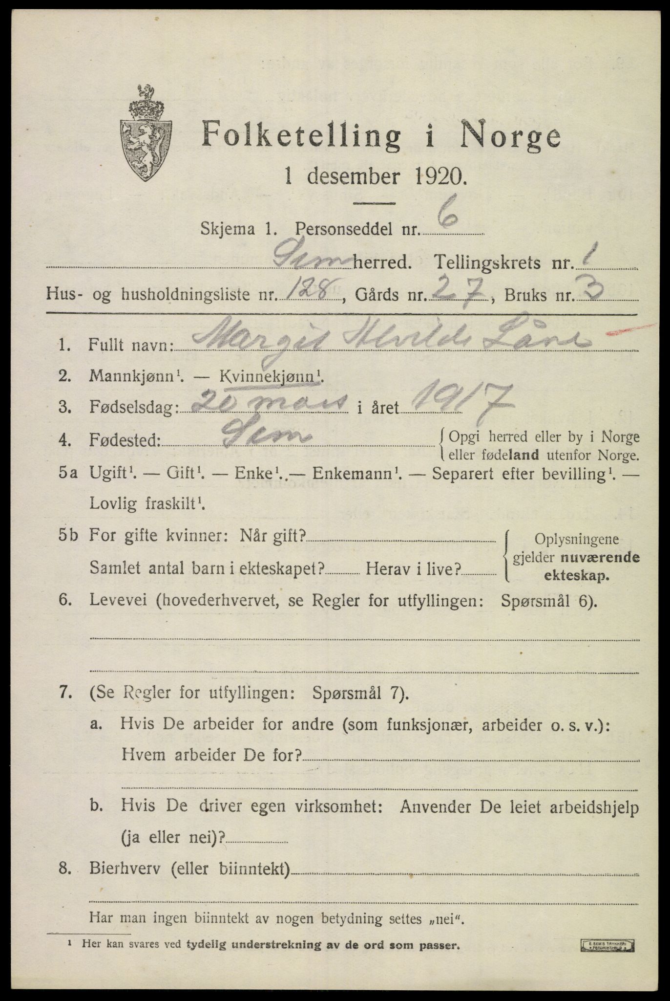 SAKO, Folketelling 1920 for 0721 Sem herred, 1920, s. 4297