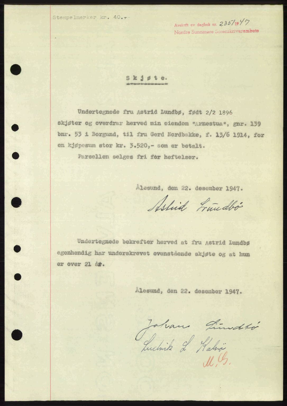 Nordre Sunnmøre sorenskriveri, AV/SAT-A-0006/1/2/2C/2Ca: Pantebok nr. A26, 1947-1948, Dagboknr: 2351/1947