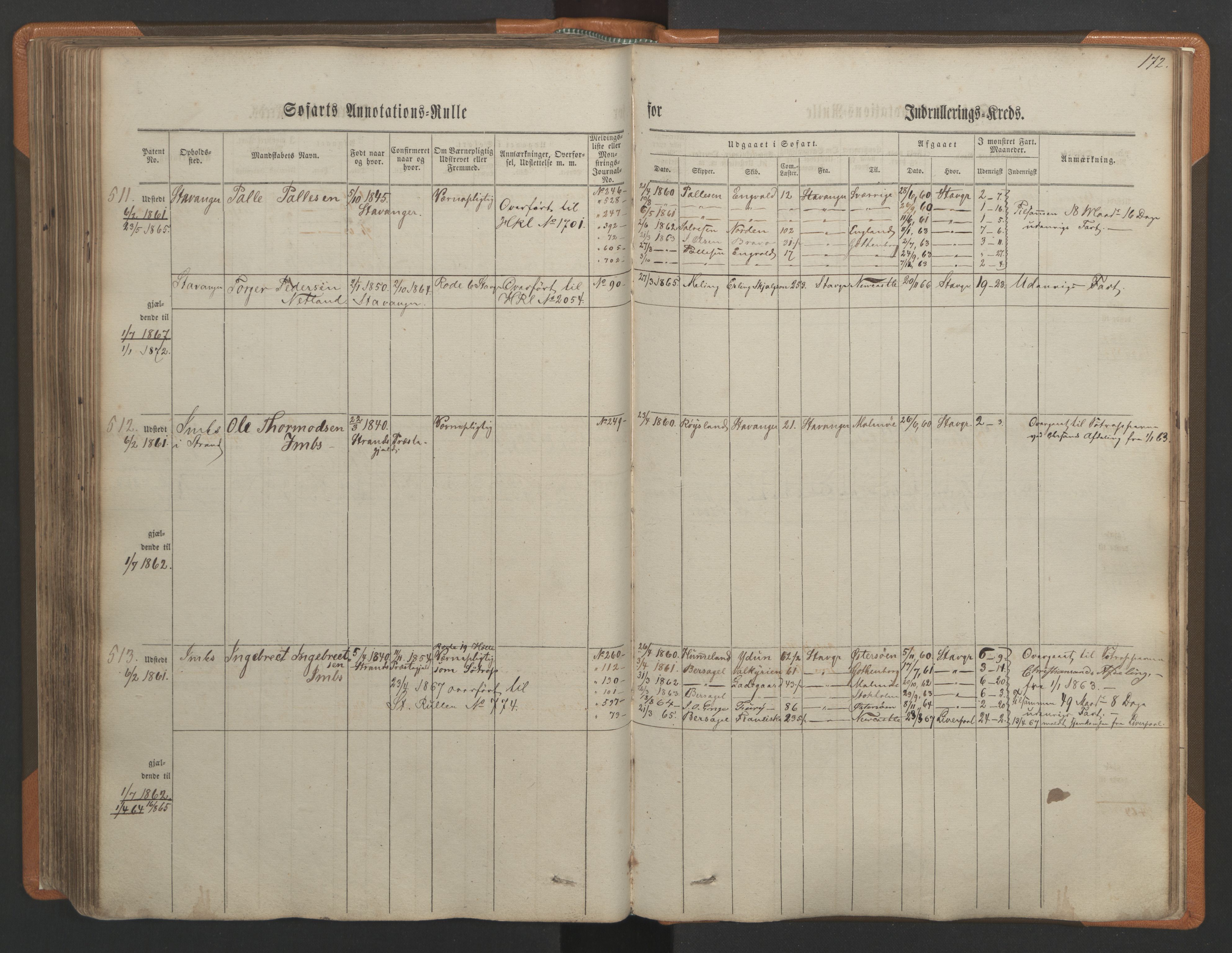 Stavanger sjømannskontor, AV/SAST-A-102006/F/Ff/L0001: Annotasjonsrulle, patentnr. 1-597 (del 1), 1860-1864, s. 182