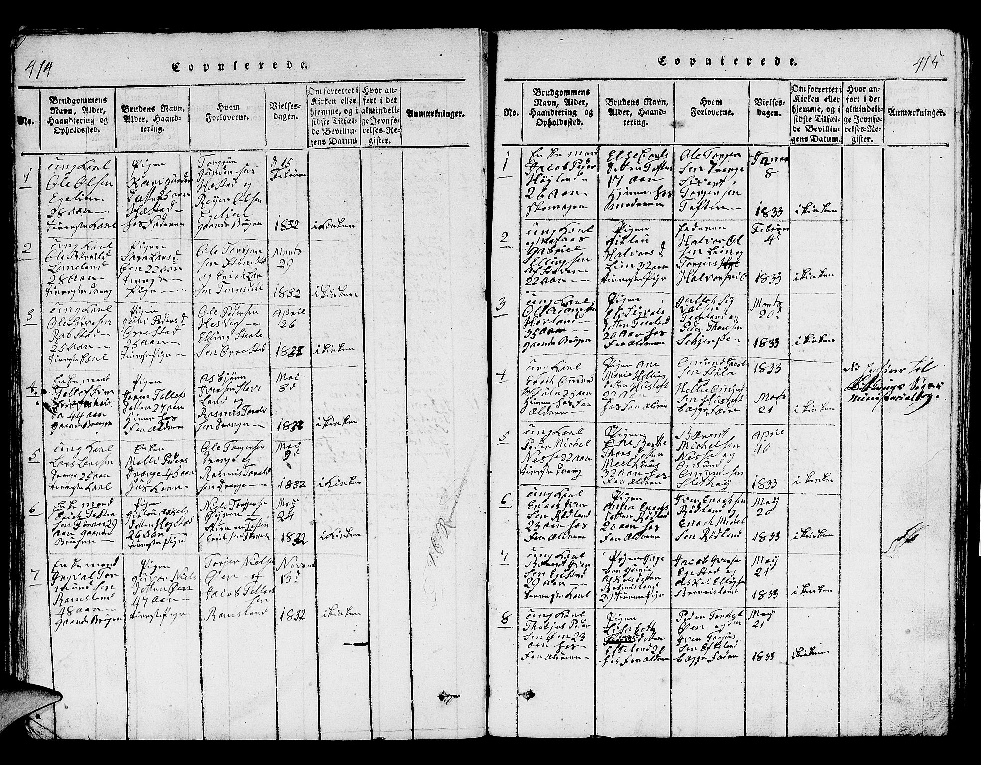 Helleland sokneprestkontor, AV/SAST-A-101810: Klokkerbok nr. B 1, 1815-1841, s. 414-415