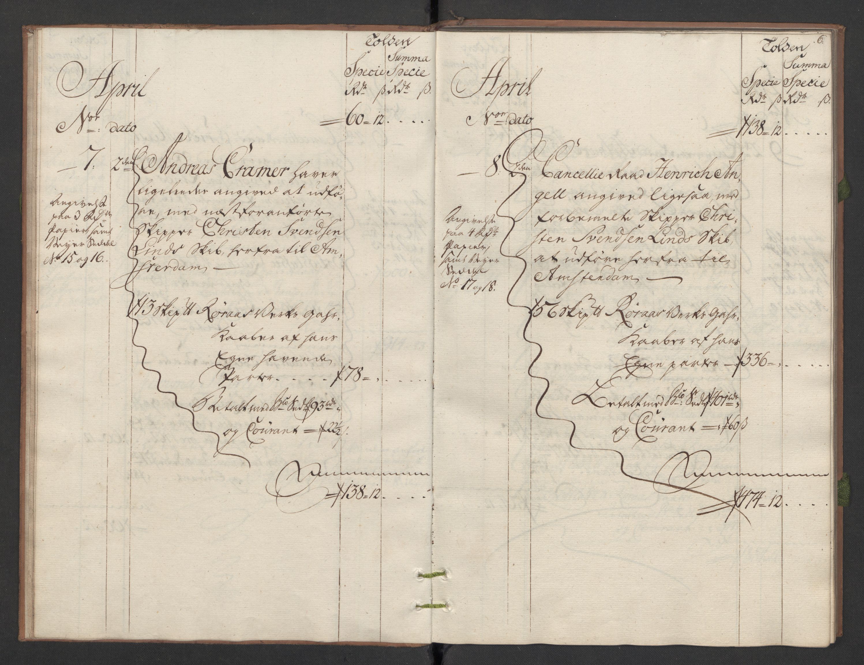 Generaltollkammeret, tollregnskaper, AV/RA-EA-5490/R34/L0013/0001: Koppertollregnskaper Trondheim B / Tollbok for koppertollen, 1763