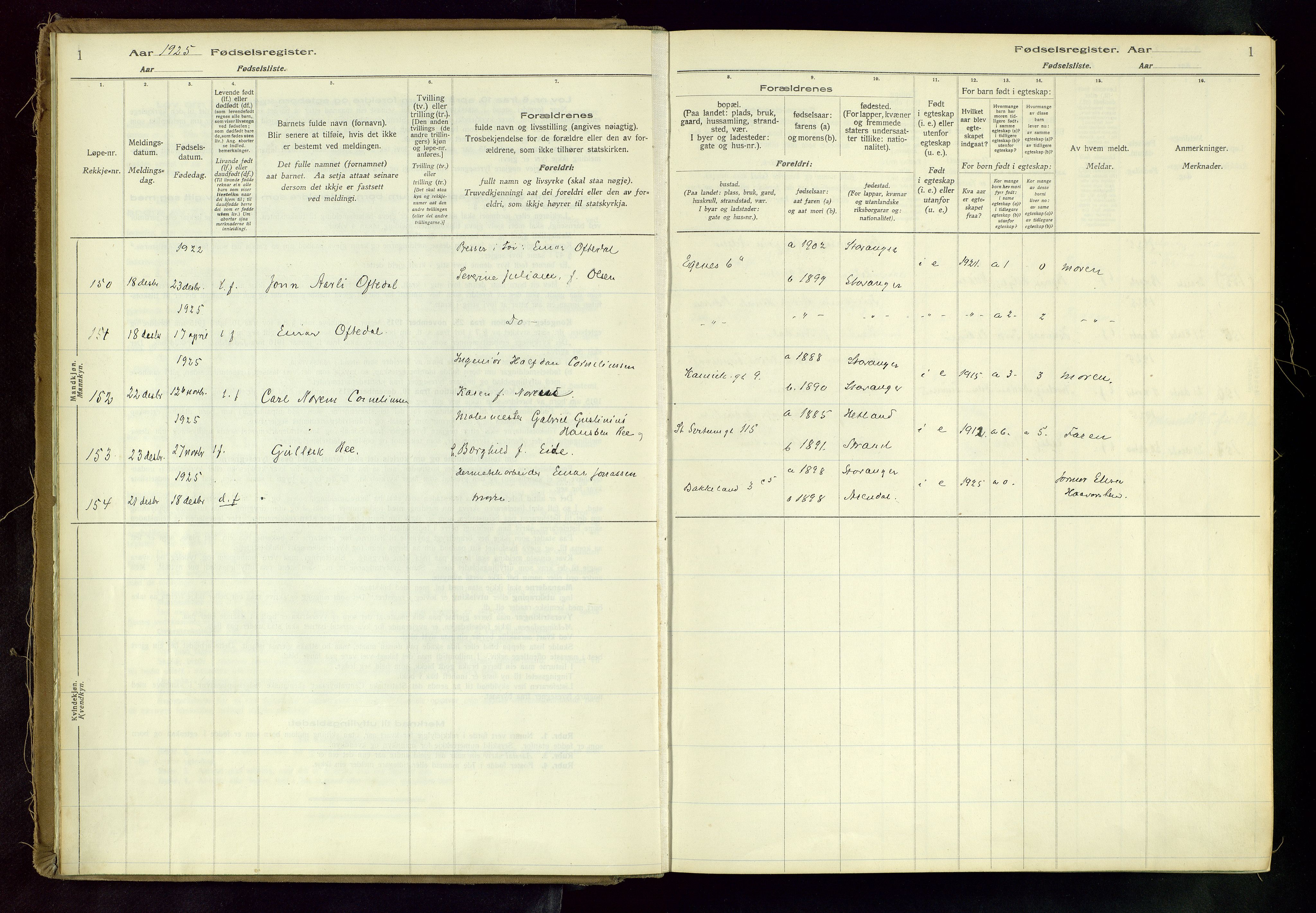 Domkirken sokneprestkontor, SAST/A-101812/002/A/L0001: Fødselsregister nr. 1, 1925-1932, s. 1