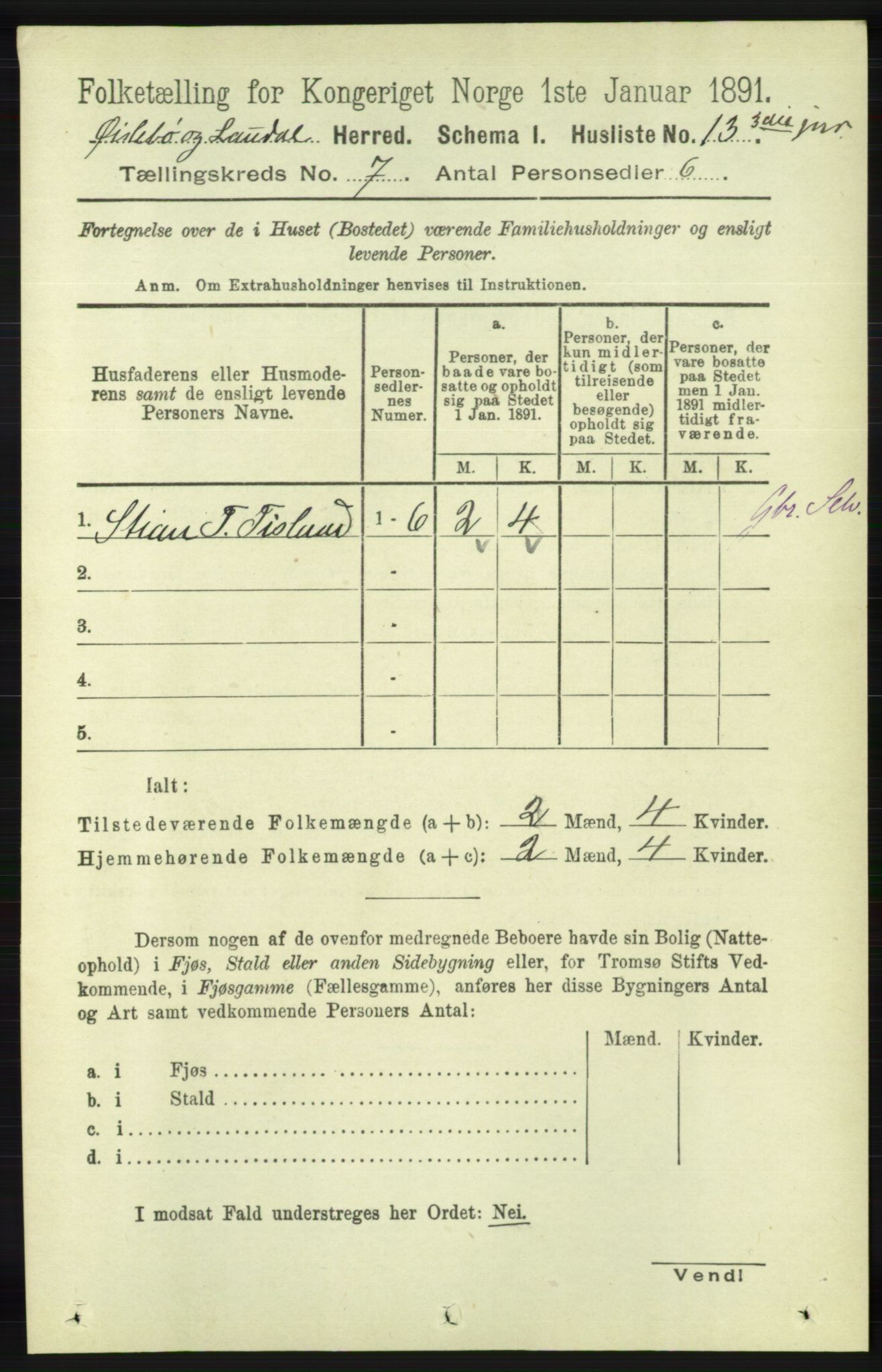 RA, Folketelling 1891 for 1021 Øyslebø og Laudal herred, 1891, s. 1916