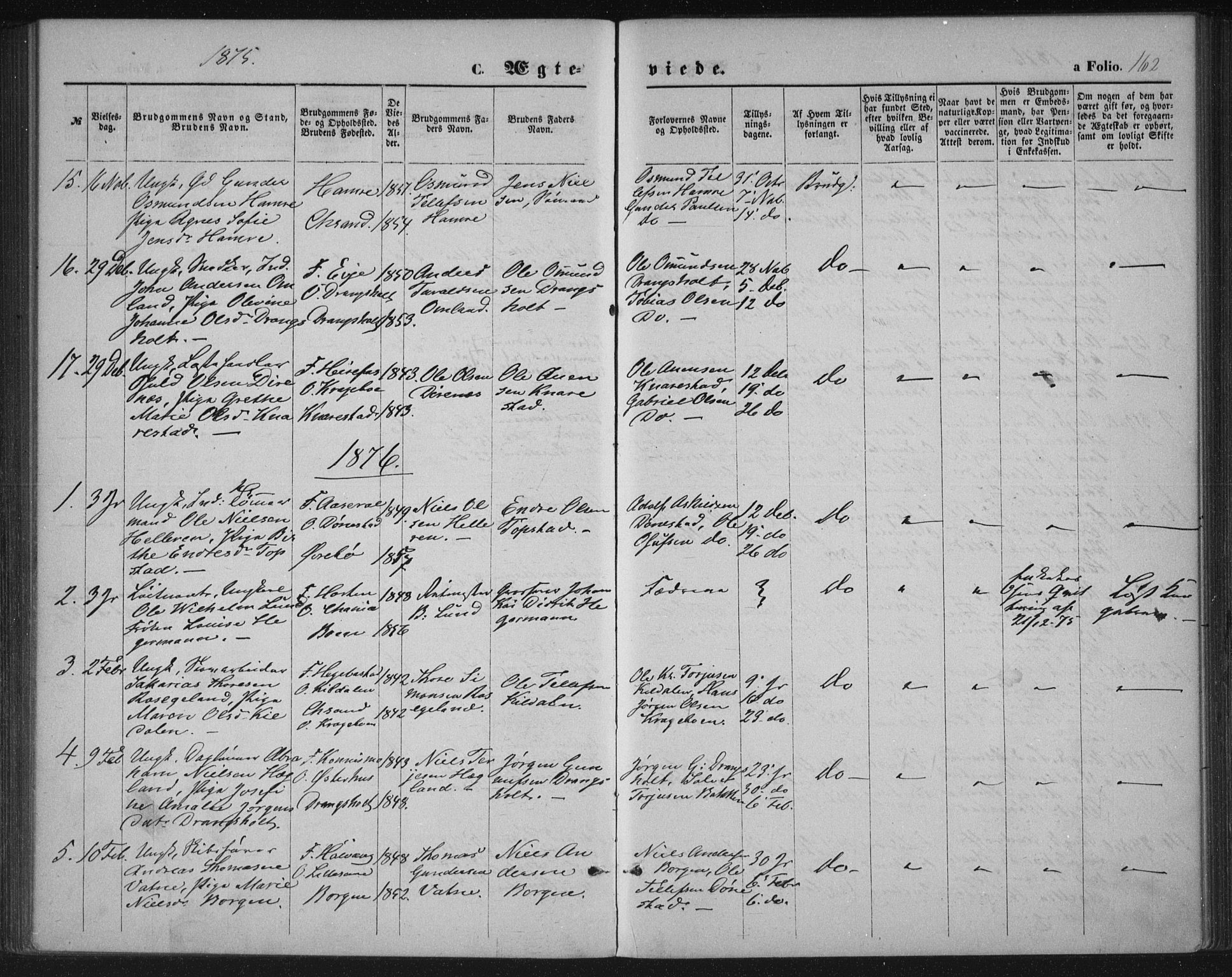 Tveit sokneprestkontor, AV/SAK-1111-0043/F/Fa/L0006: Ministerialbok nr. A 6, 1872-1886, s. 162