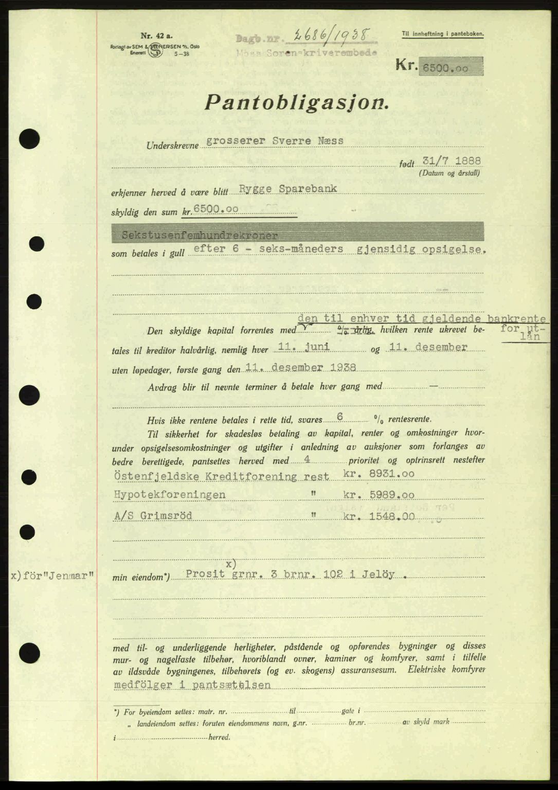 Moss sorenskriveri, SAO/A-10168: Pantebok nr. B6, 1938-1938, Dagboknr: 2686/1938