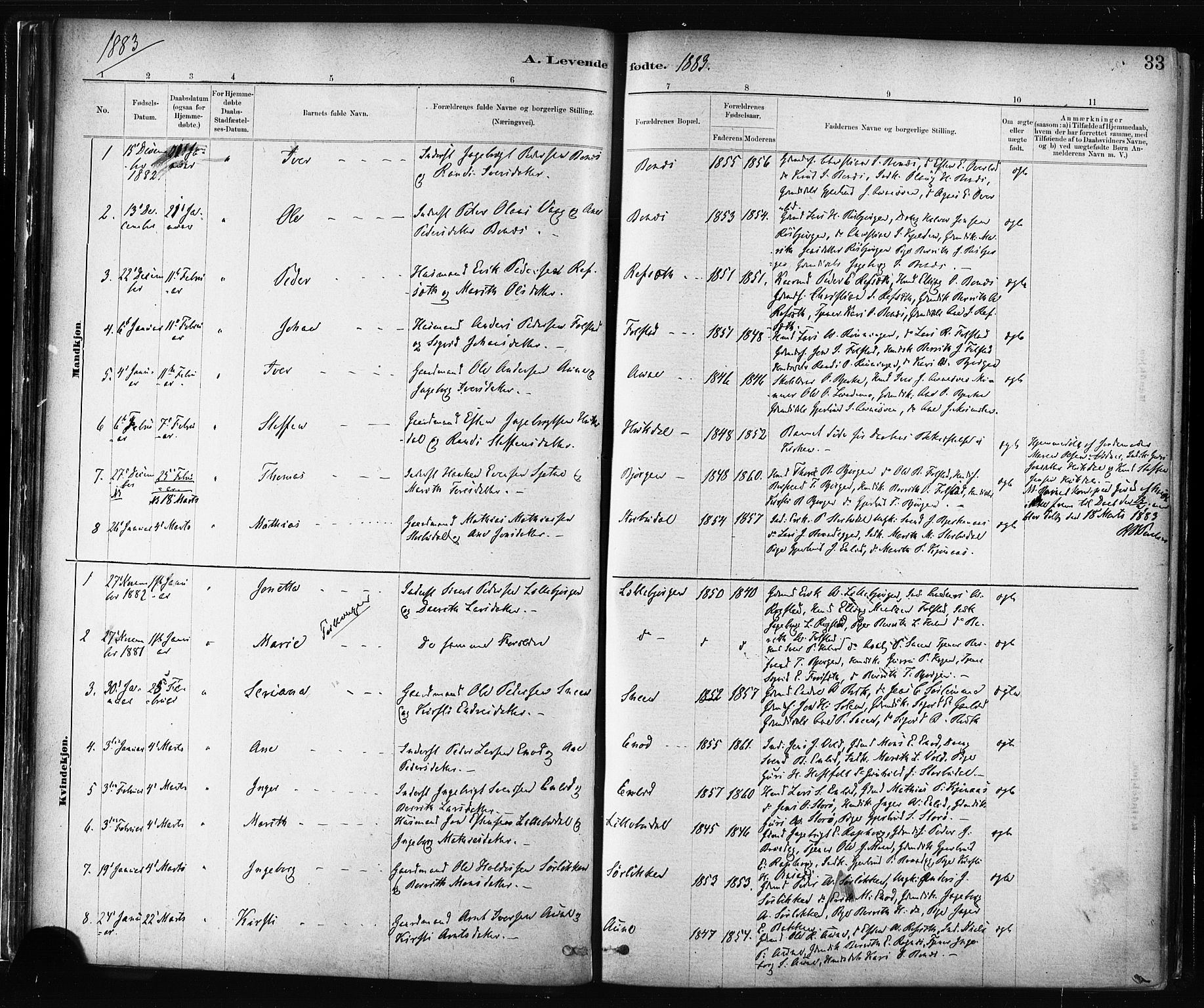 Ministerialprotokoller, klokkerbøker og fødselsregistre - Sør-Trøndelag, AV/SAT-A-1456/687/L1002: Ministerialbok nr. 687A08, 1878-1890, s. 33