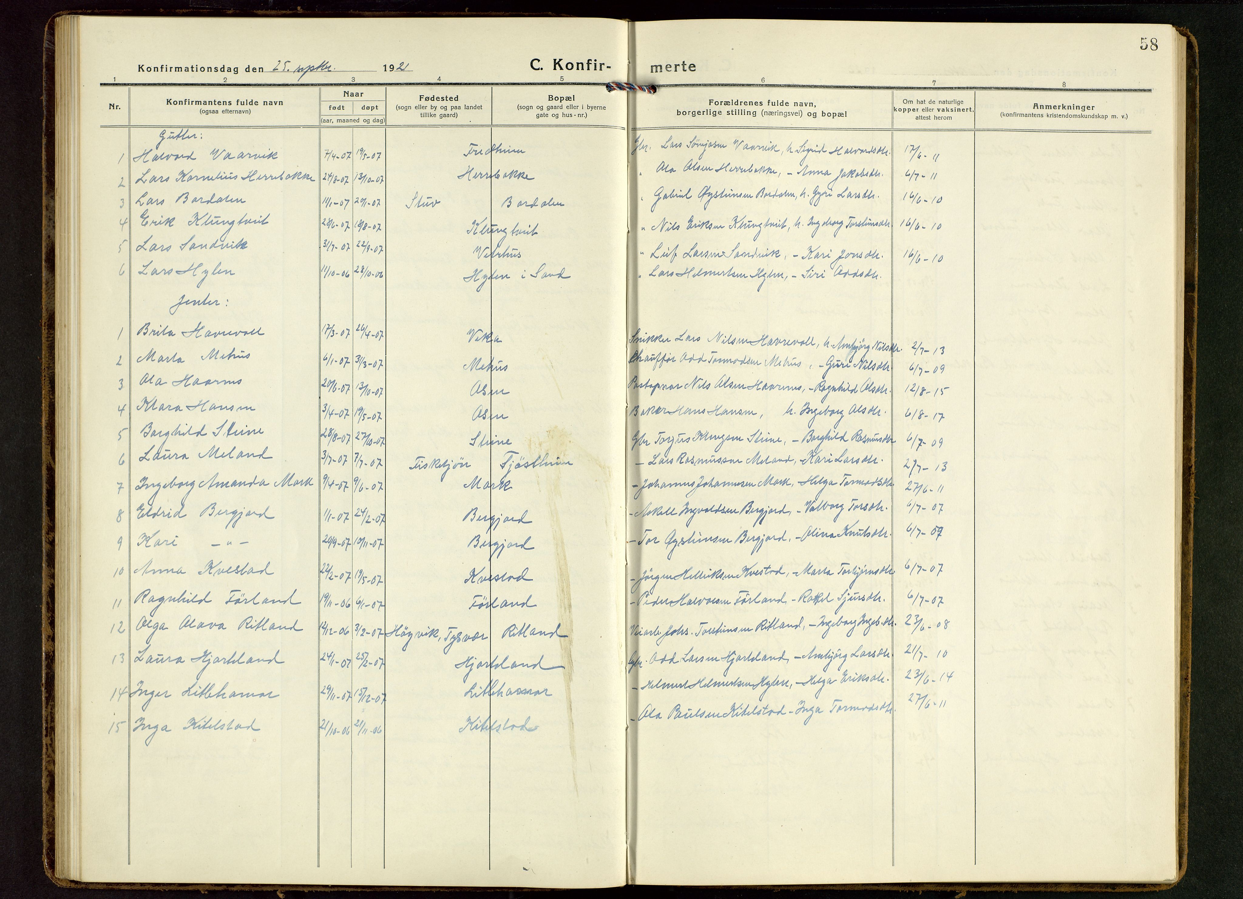 Suldal sokneprestkontor, AV/SAST-A-101845/01/V/L0007: Klokkerbok nr. B 7, 1917-1946, s. 58