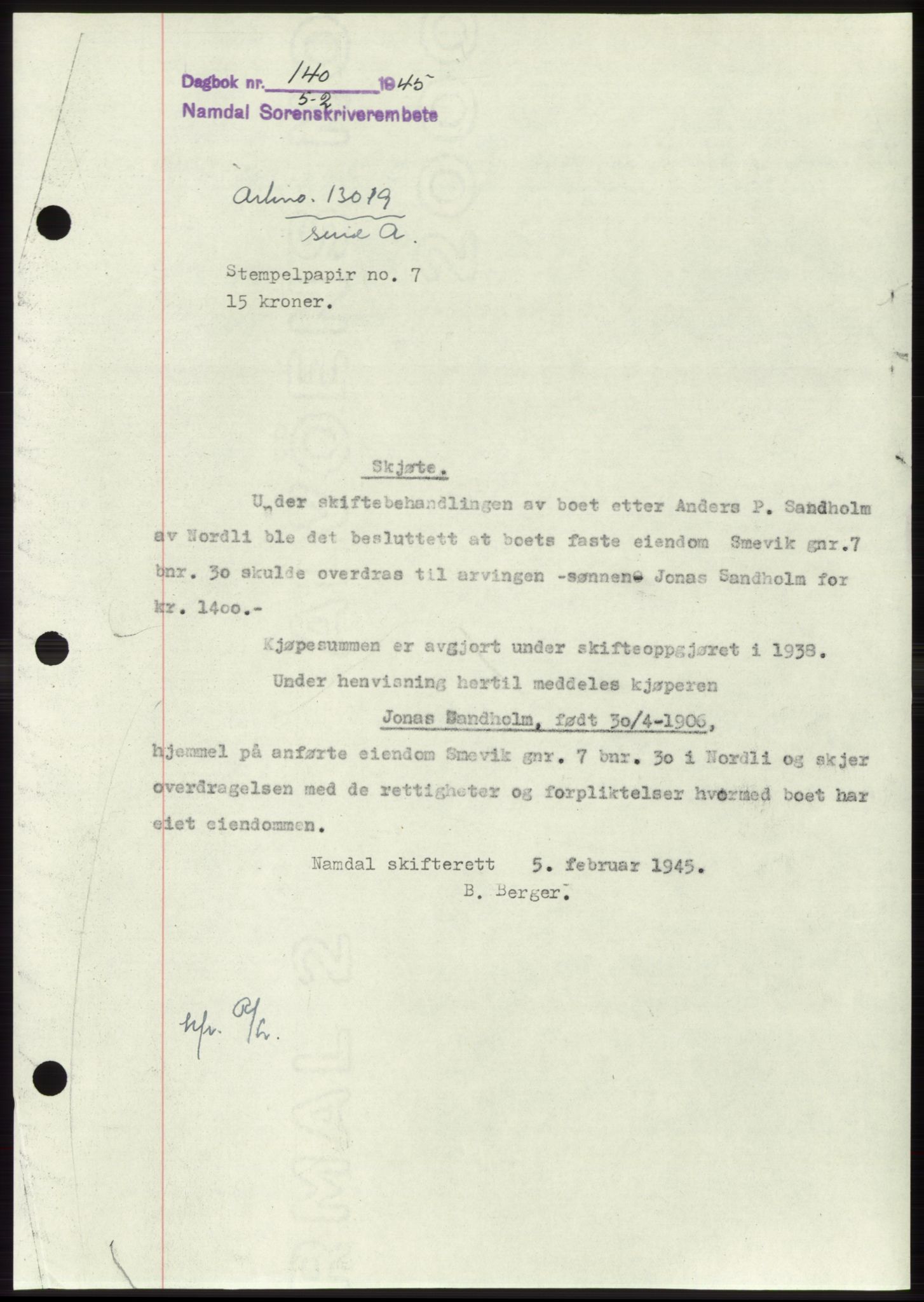 Namdal sorenskriveri, SAT/A-4133/1/2/2C: Pantebok nr. -, 1944-1945, Dagboknr: 140/1945