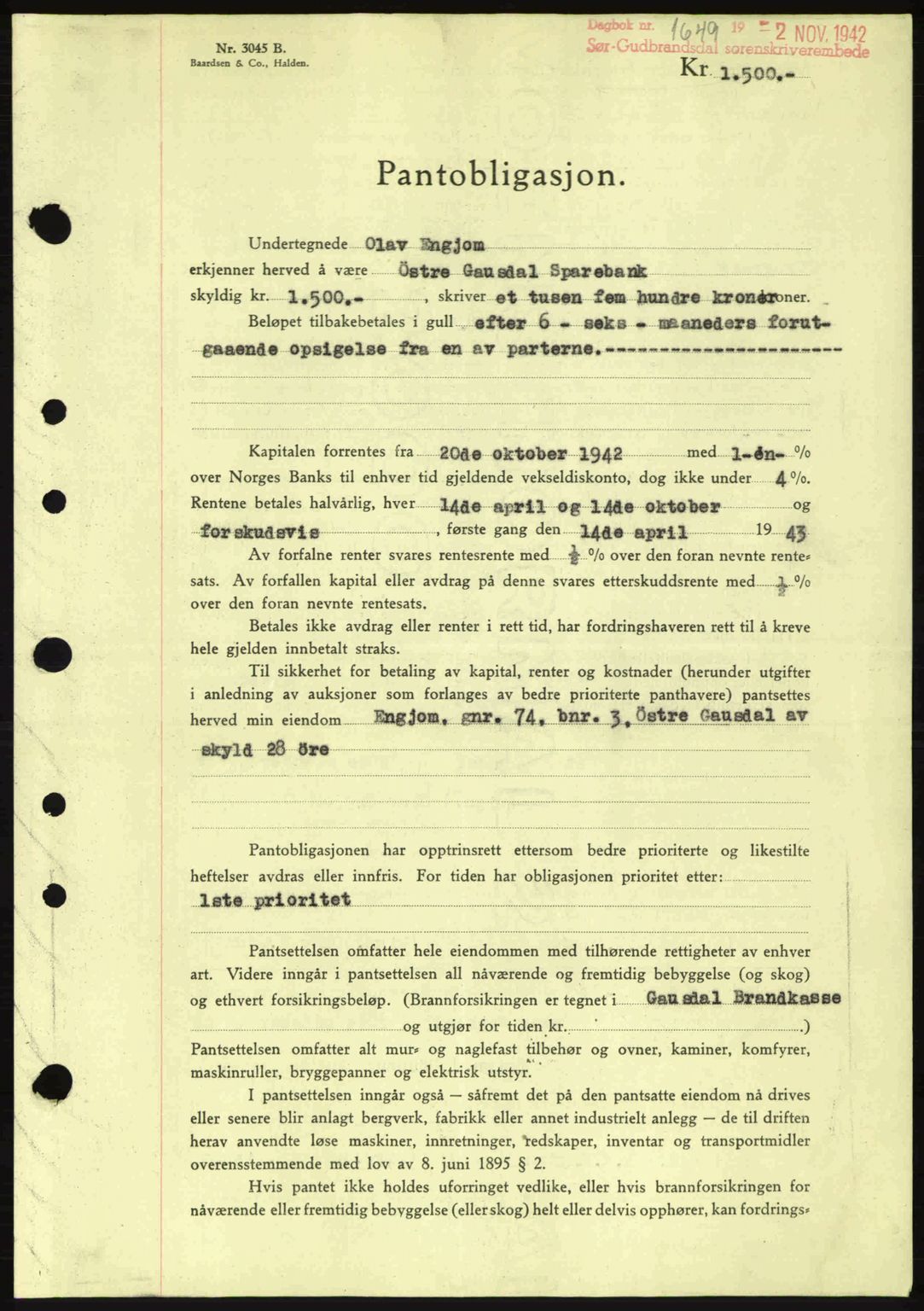 Sør-Gudbrandsdal tingrett, SAH/TING-004/H/Hb/Hbe/L0002: Pantebok nr. B2, 1939-1943, Dagboknr: 1649/1942