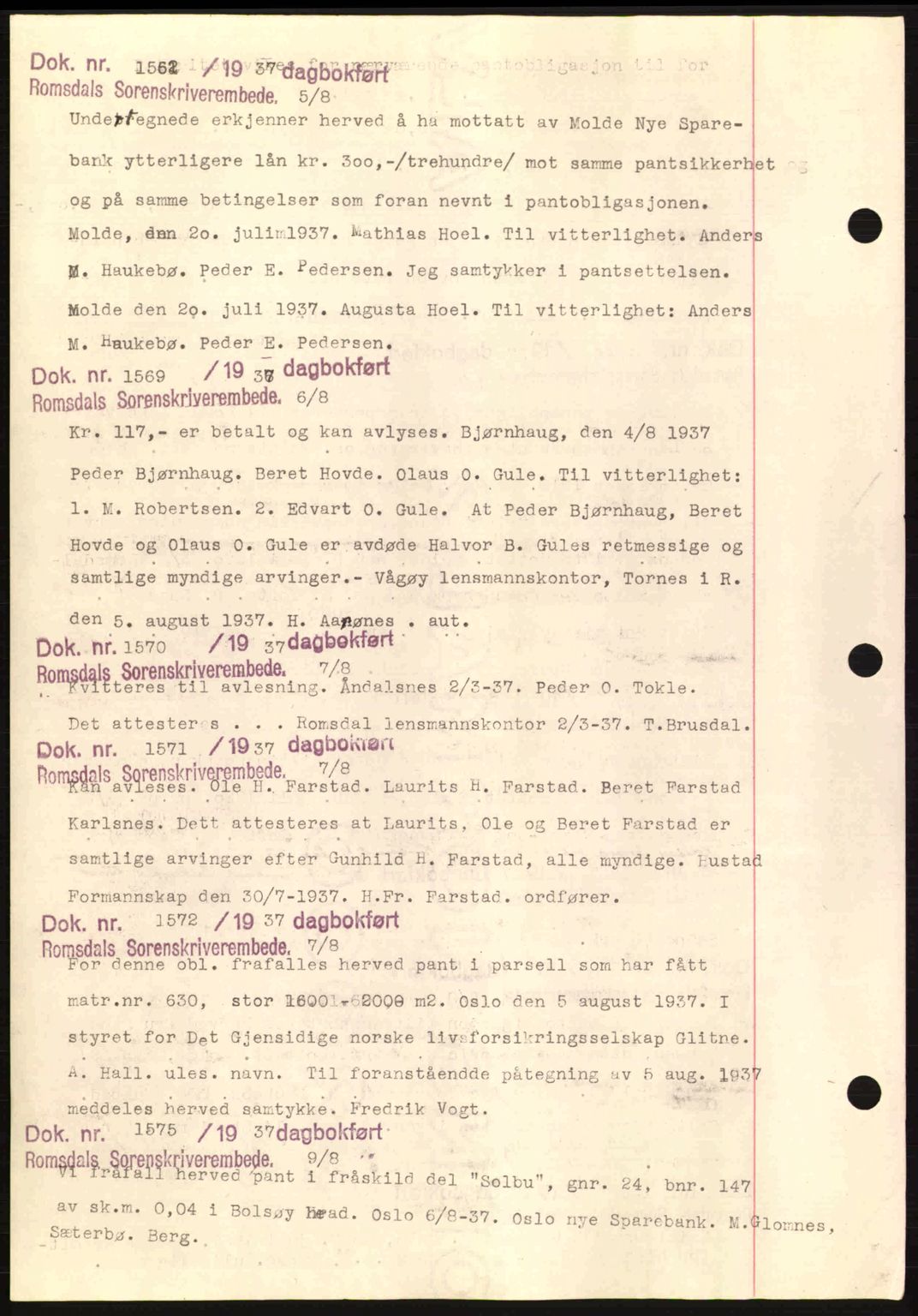 Romsdal sorenskriveri, AV/SAT-A-4149/1/2/2C: Pantebok nr. C1a, 1936-1945, Dagboknr: 1552/1937