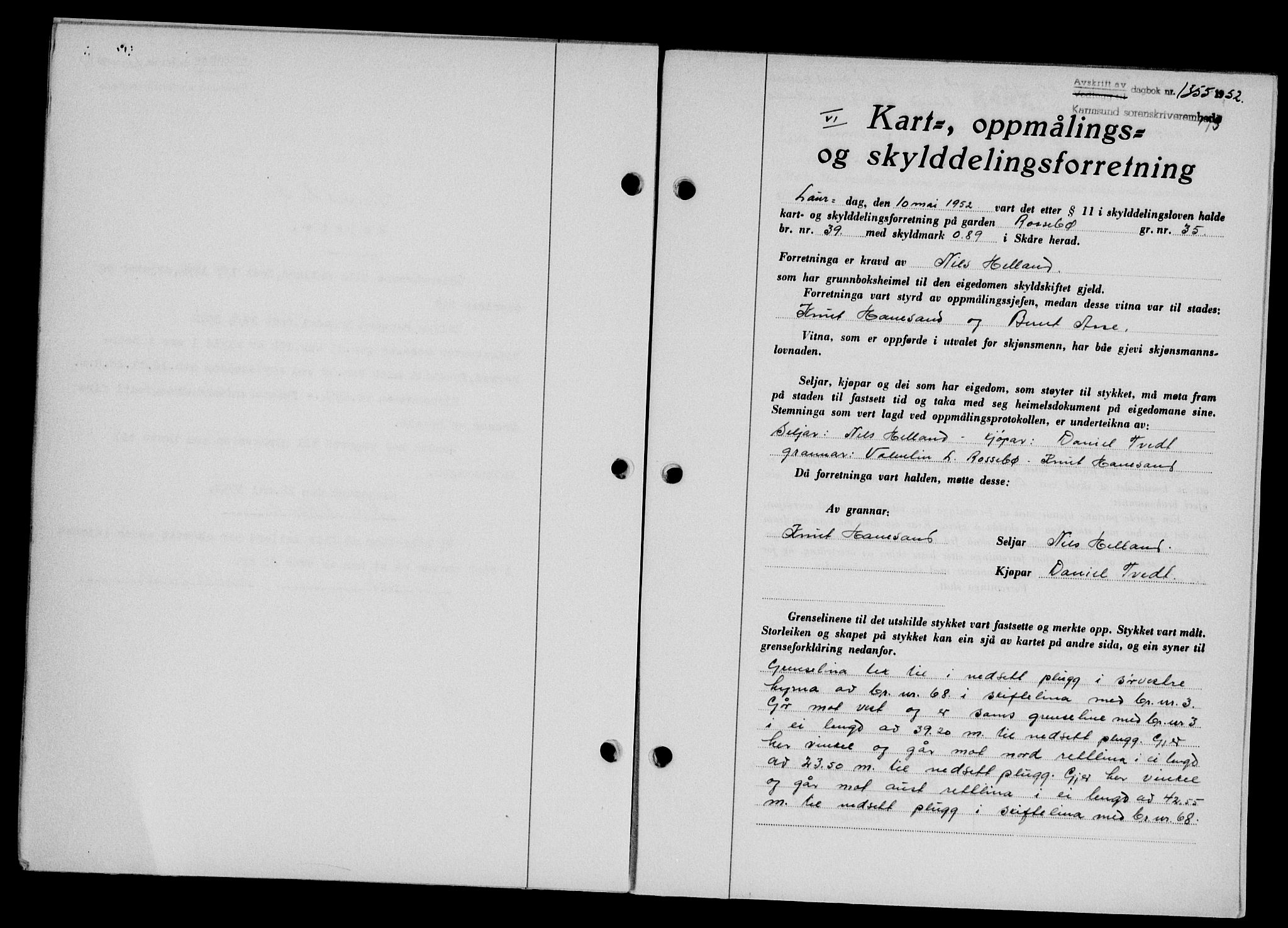 Karmsund sorenskriveri, SAST/A-100311/01/II/IIB/L0105: Pantebok nr. 85A, 1952-1952, Dagboknr: 1355/1952