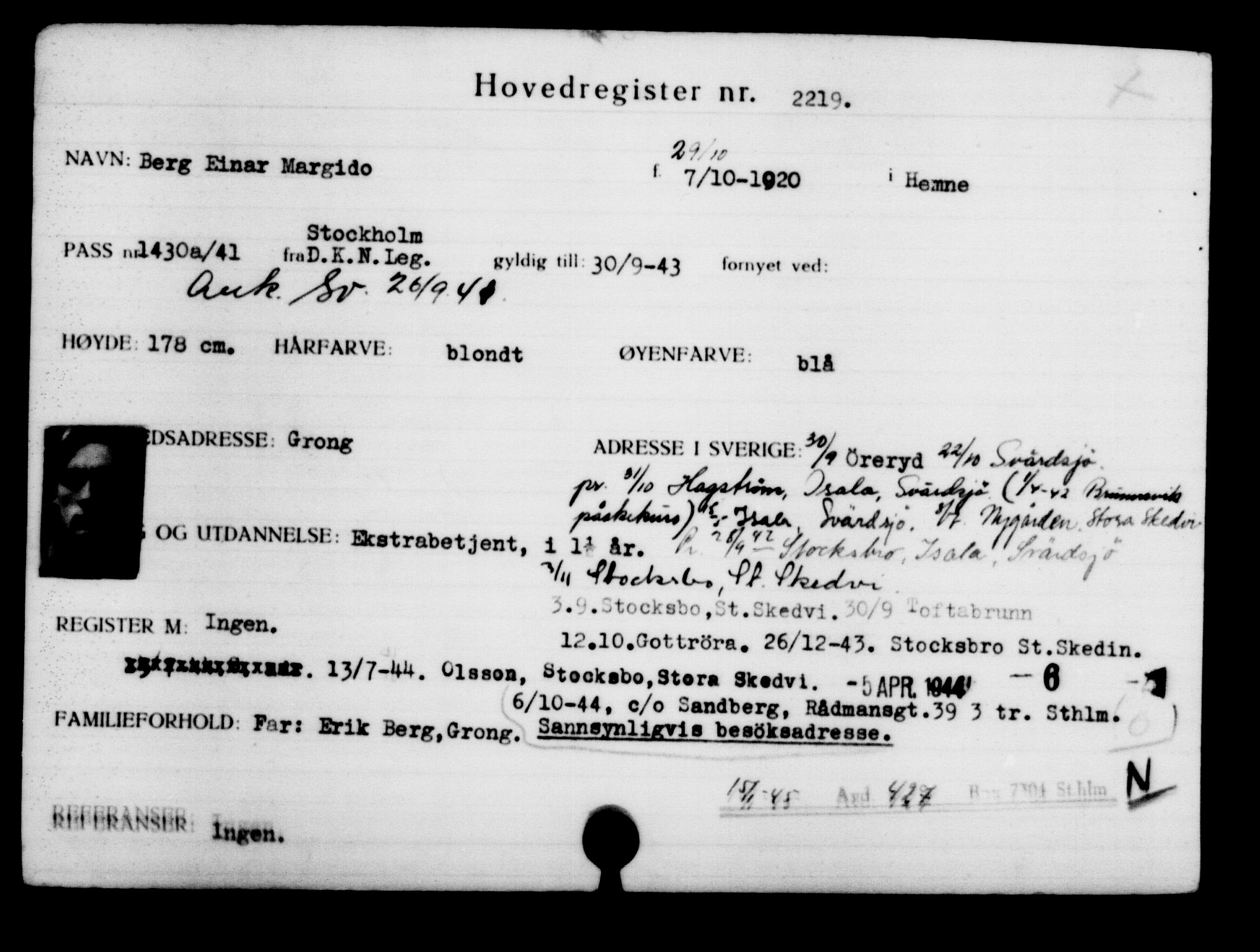 Utenriksstasjonene, Legasjonen i Stockholm, Flyktningkontoret, AV/RA-S-6753/V/Va/L0003: Kjesäterkartoteket, flyktninger med registreringsnr. 2001-3495, 1940-1945, s. 306