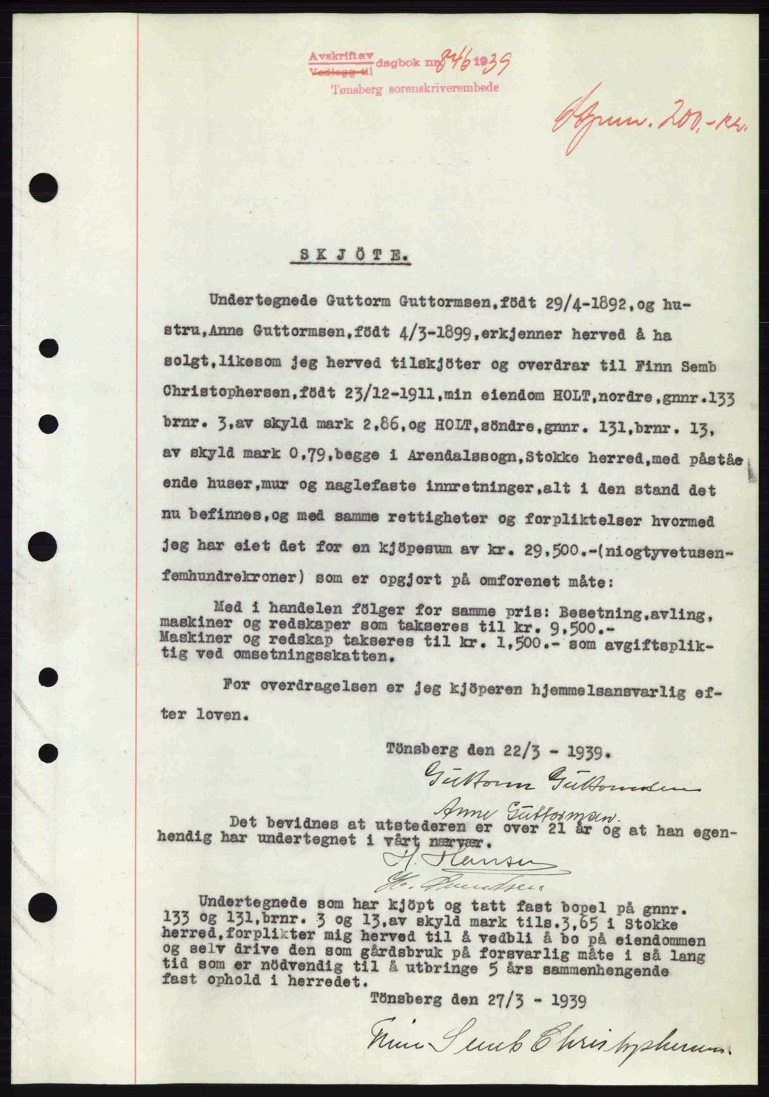 Jarlsberg sorenskriveri, SAKO/A-131/G/Ga/Gaa/L0006: Pantebok nr. A-6, 1938-1939, Dagboknr: 846/1939