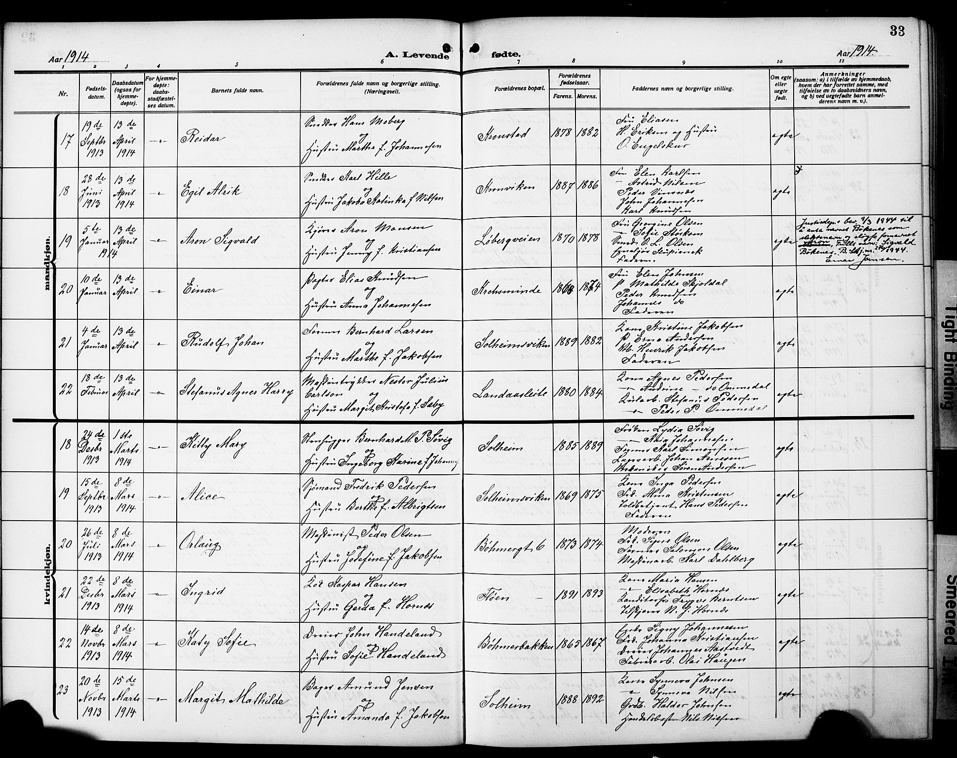 Årstad Sokneprestembete, AV/SAB-A-79301/H/Hab/L0003: Klokkerbok nr. A 3, 1912-1921, s. 33