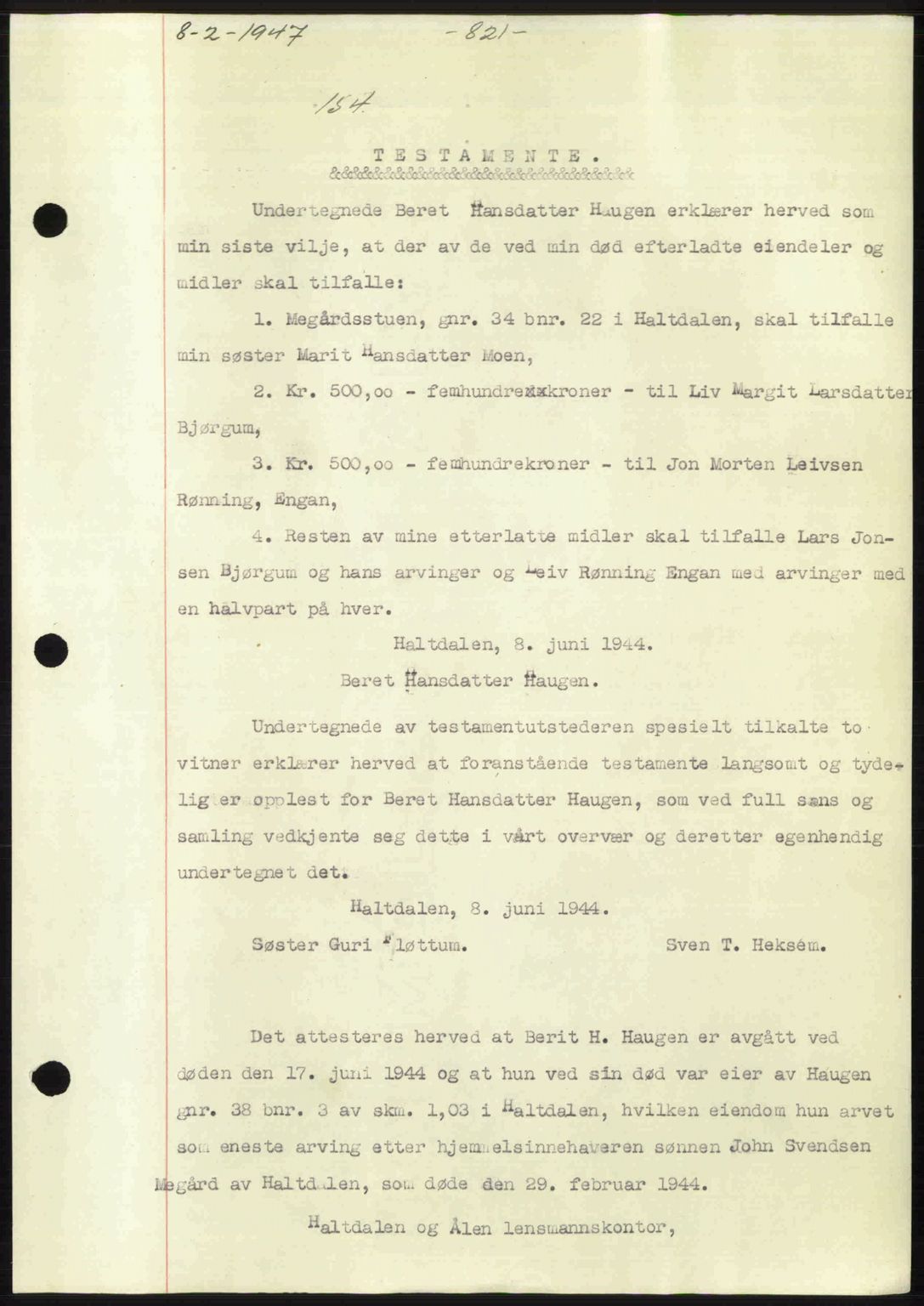 Gauldal sorenskriveri, SAT/A-0014/1/2/2C: Pantebok nr. A3, 1947-1947, Dagboknr: 154/1947