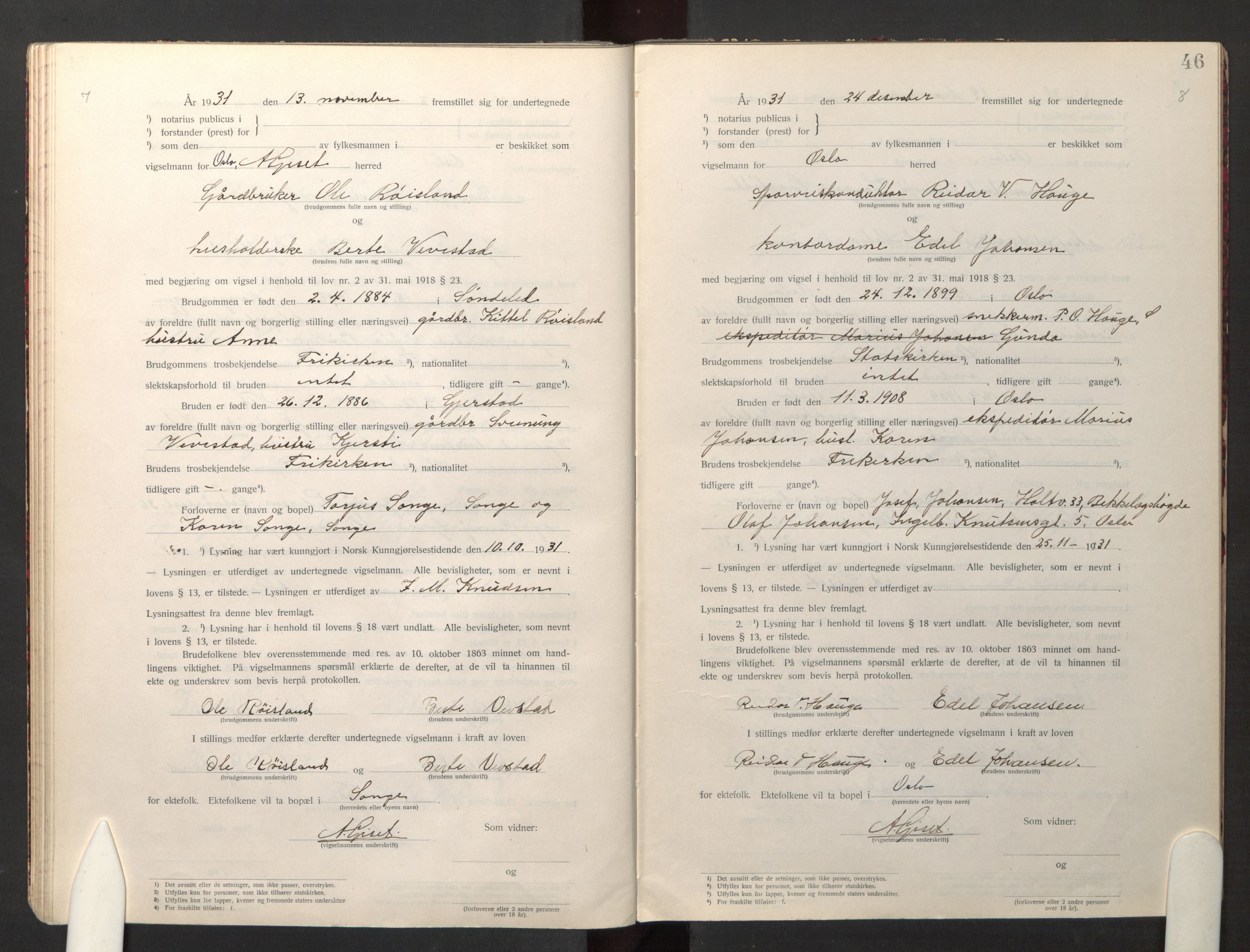 Den evangelisk-lutherske frikirke østre menighet, Oslo, AV/SAO-PAO-0245/F/L0005: Vigselsbok (dissentere) nr. 5, 1920-1941, s. 46