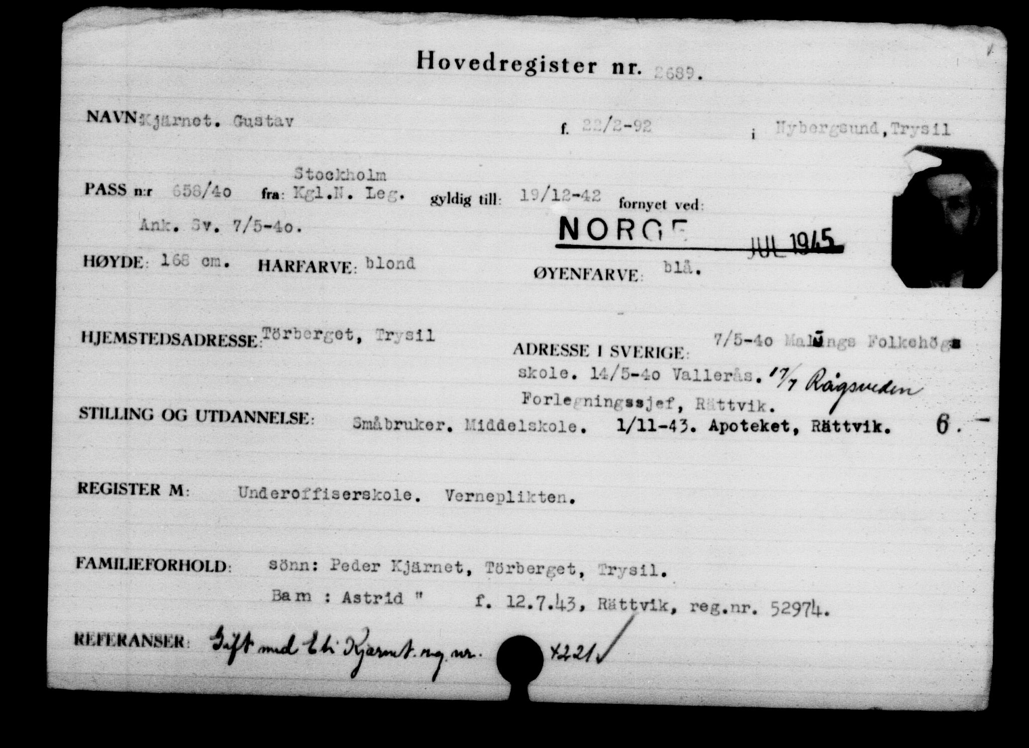Utenriksstasjonene, Legasjonen i Stockholm, Flyktningkontoret, AV/RA-S-6753/V/Va/L0003: Kjesäterkartoteket, flyktninger med registreringsnr. 2001-3495, 1940-1945, s. 1066