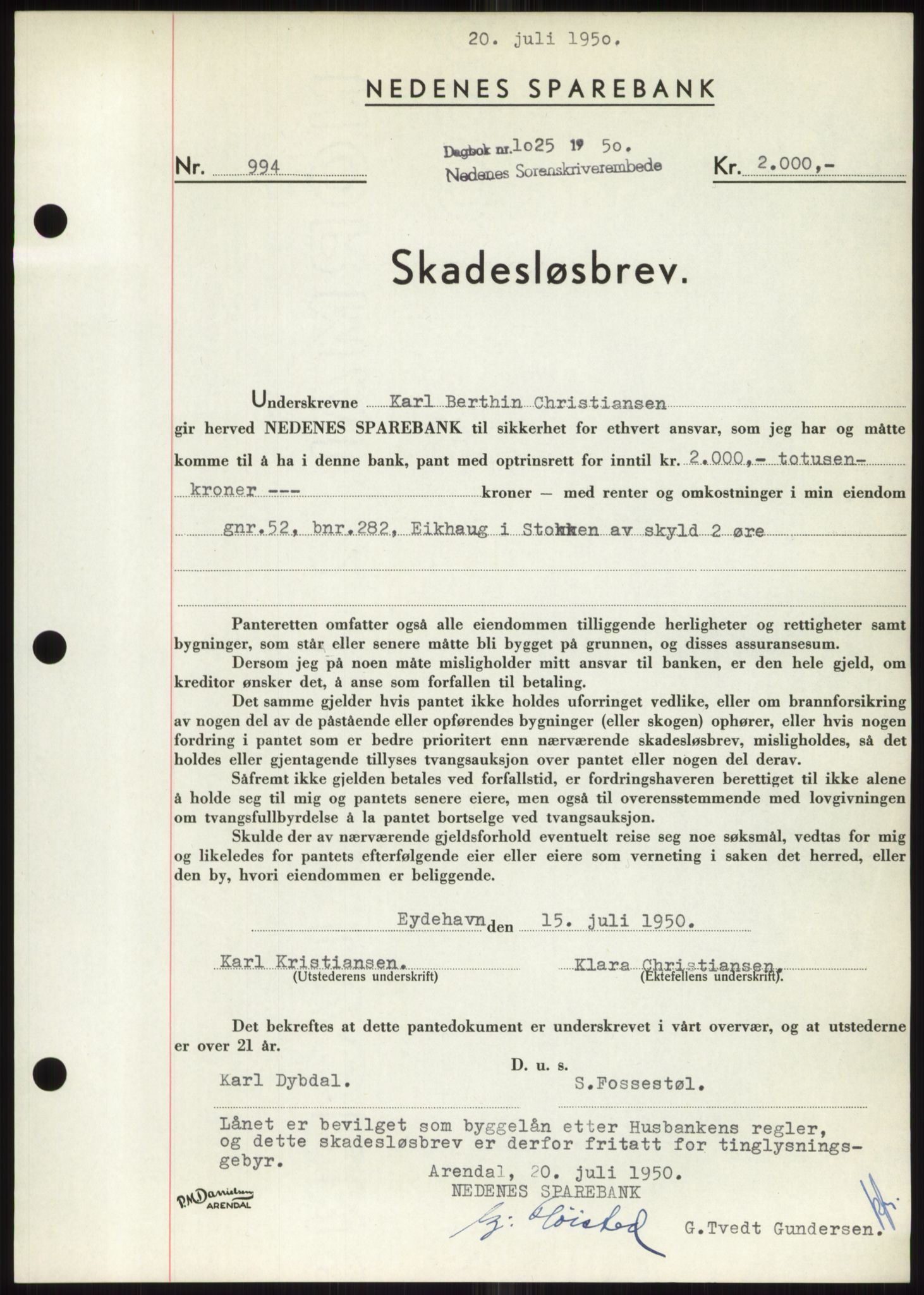 Nedenes sorenskriveri, SAK/1221-0006/G/Gb/Gbb/L0007: Pantebok nr. B7, 1949-1950, Dagboknr: 1025/1950