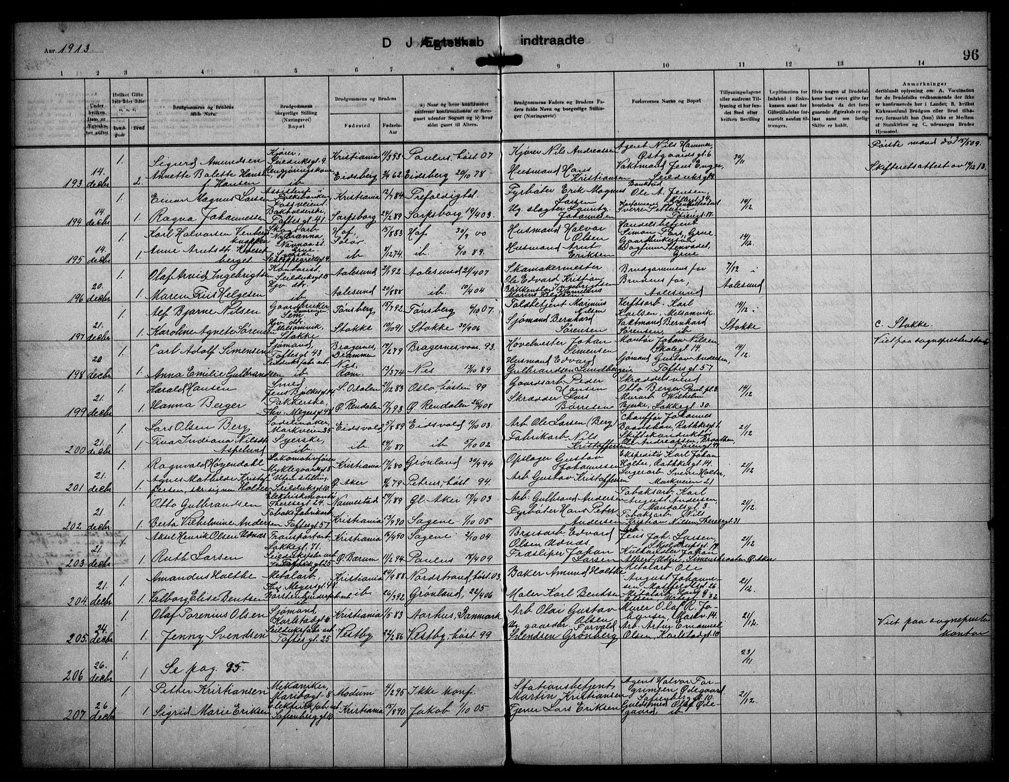 Paulus prestekontor Kirkebøker, AV/SAO-A-10871/F/Fa/L0017: Ministerialbok nr. 17, 1906-1917, s. 96