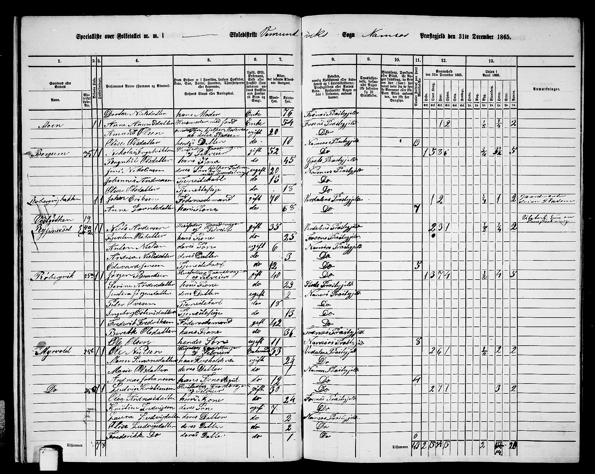 RA, Folketelling 1865 for 1745L Namsos prestegjeld, Vemundvik sokn og Sævik sokn, 1865, s. 15