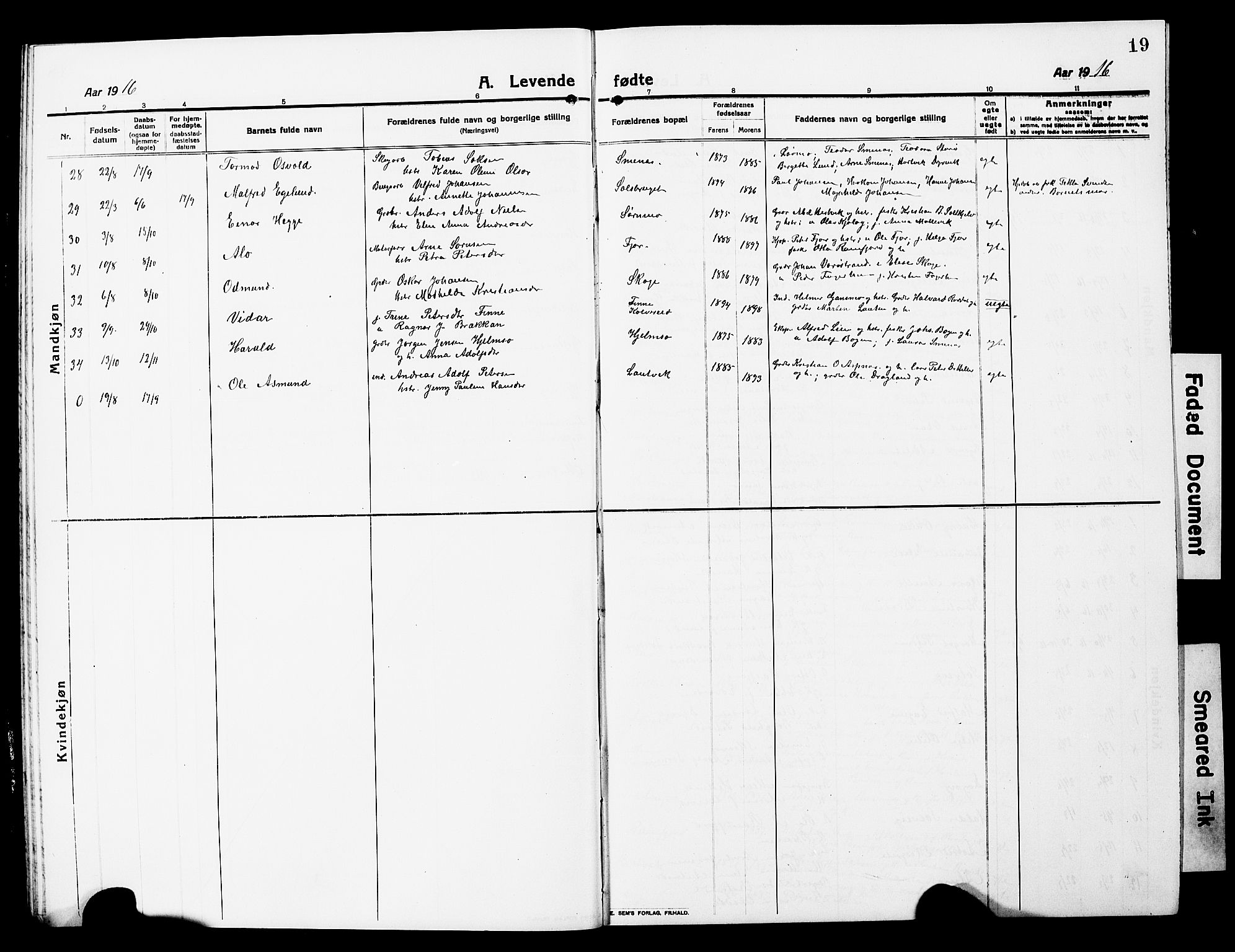 Ministerialprotokoller, klokkerbøker og fødselsregistre - Nord-Trøndelag, AV/SAT-A-1458/780/L0653: Klokkerbok nr. 780C05, 1911-1927, s. 19