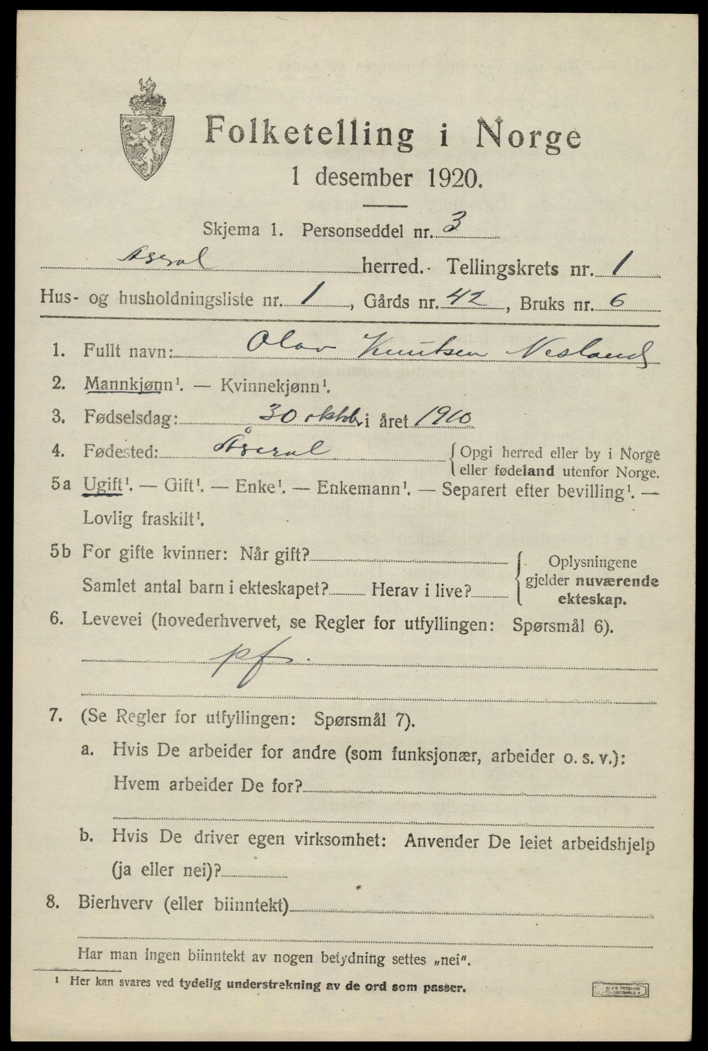 SAK, Folketelling 1920 for 1026 Åseral herred, 1920, s. 520