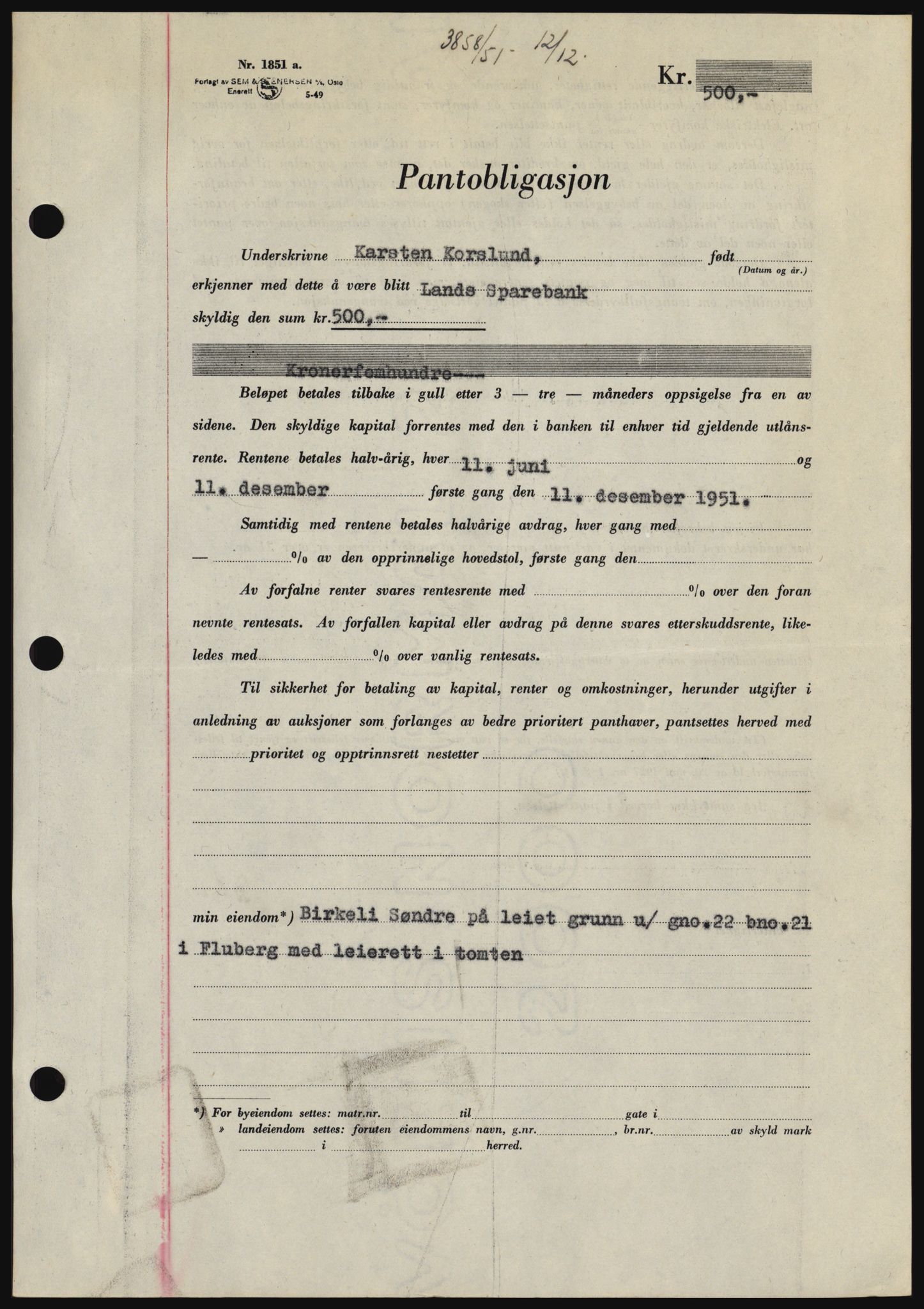 Hadeland og Land tingrett, SAH/TING-010/H/Hb/Hbc/L0022: Pantebok nr. B22, 1951-1951, Dagboknr: 3858/1951