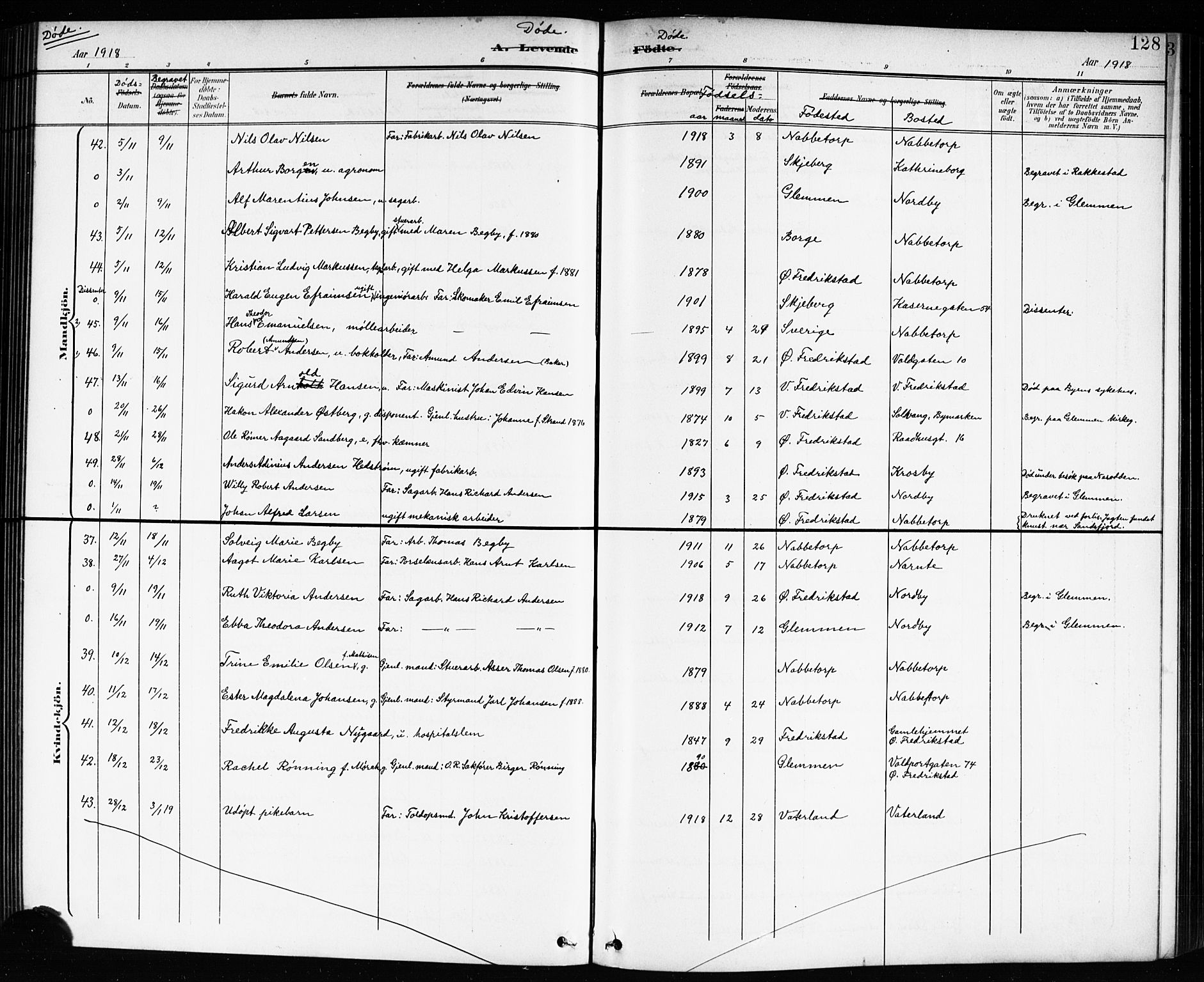 Østre Fredrikstad prestekontor Kirkebøker, SAO/A-10907/G/Ga/L0002: Klokkerbok nr. 2, 1900-1919, s. 128