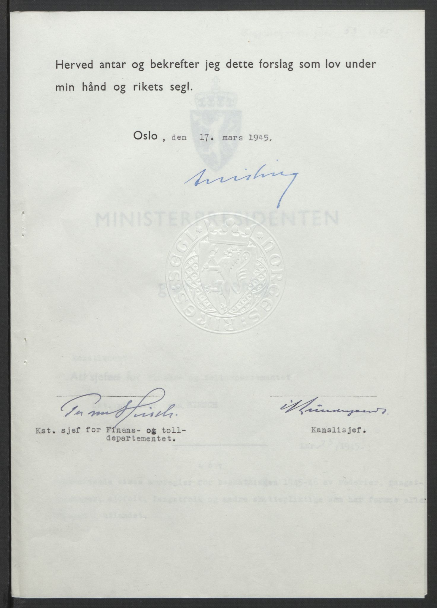 NS-administrasjonen 1940-1945 (Statsrådsekretariatet, de kommisariske statsråder mm), RA/S-4279/D/Db/L0101/0001: -- / Lover og vedtak, 1945, s. 106