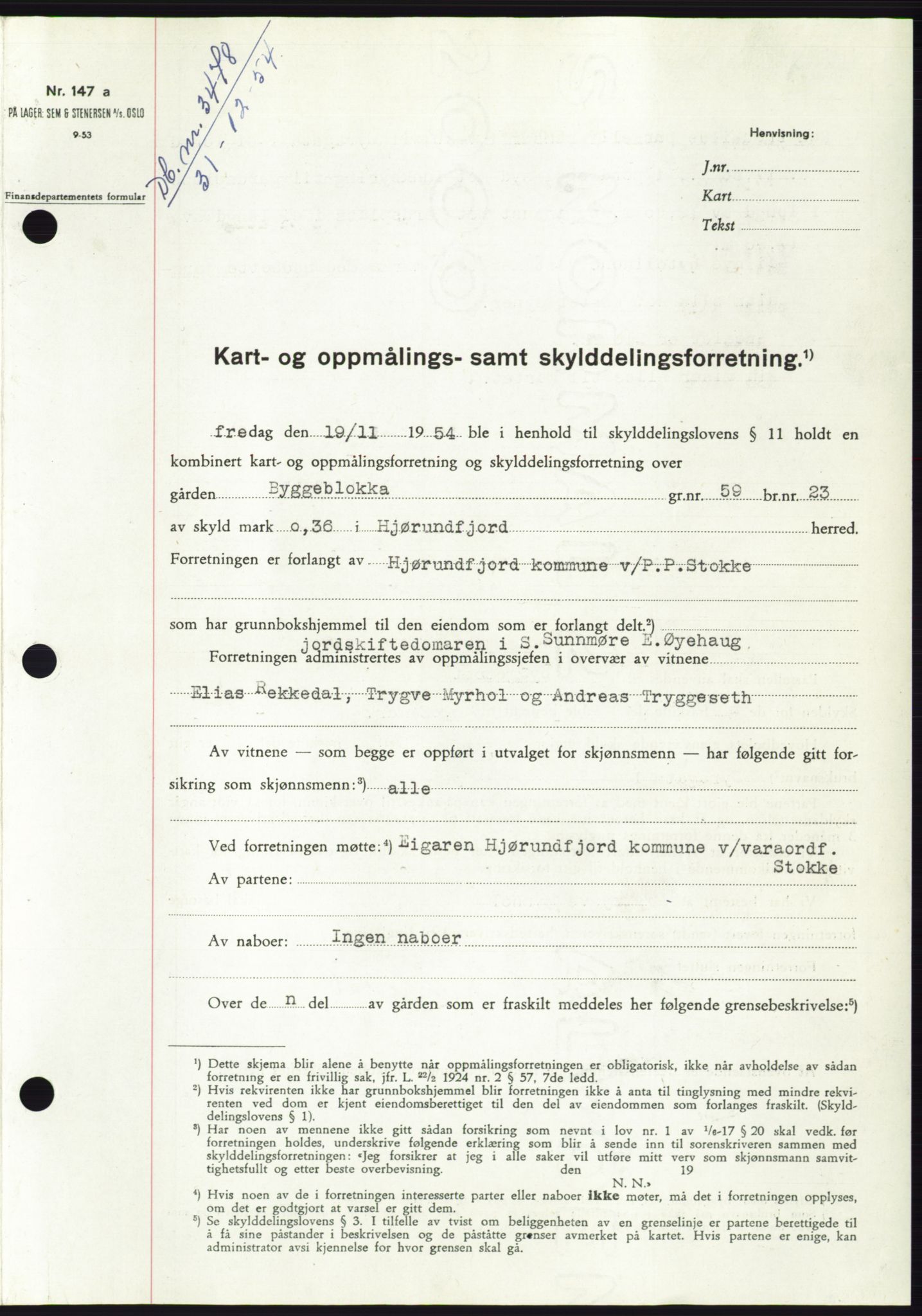 Søre Sunnmøre sorenskriveri, SAT/A-4122/1/2/2C/L0100: Pantebok nr. 26A, 1954-1955, Dagboknr: 3478/1954