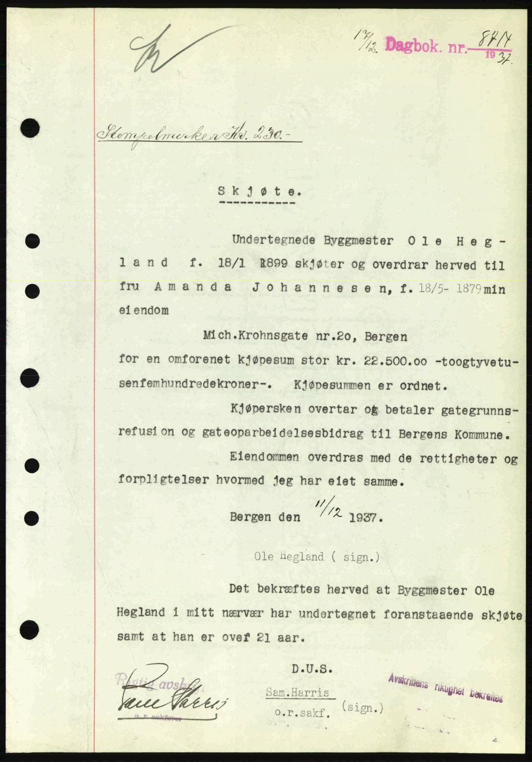Byfogd og Byskriver i Bergen, SAB/A-3401/03/03Bc/L0006: Pantebok nr. A5, 1937-1938, Dagboknr: 8714/1937