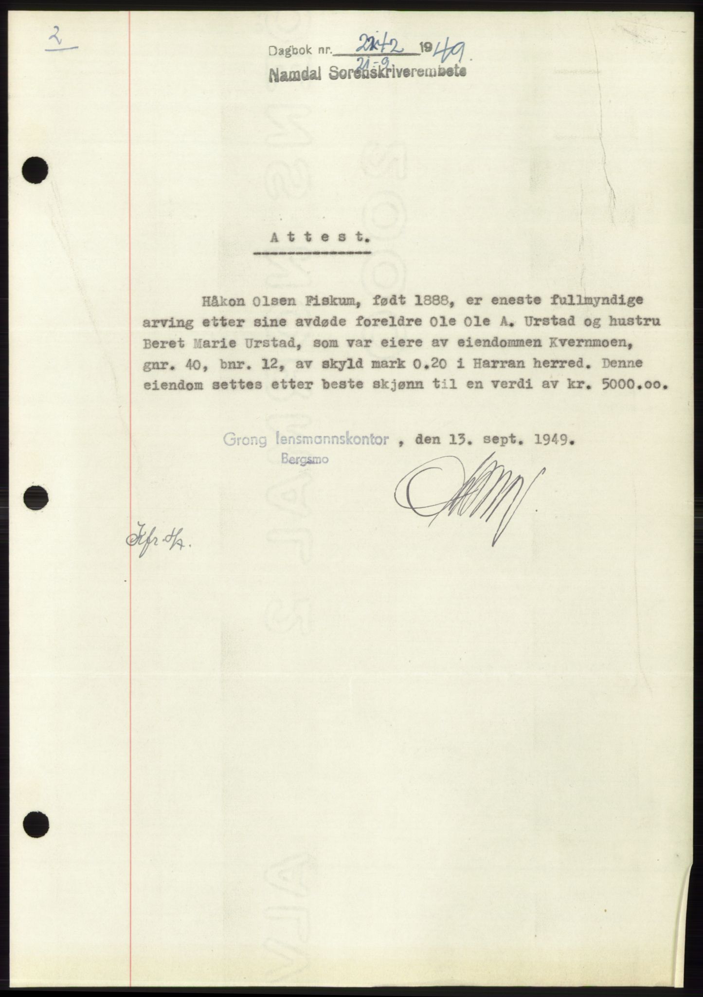 Namdal sorenskriveri, SAT/A-4133/1/2/2C: Pantebok nr. -, 1949-1949, Dagboknr: 2242/1949