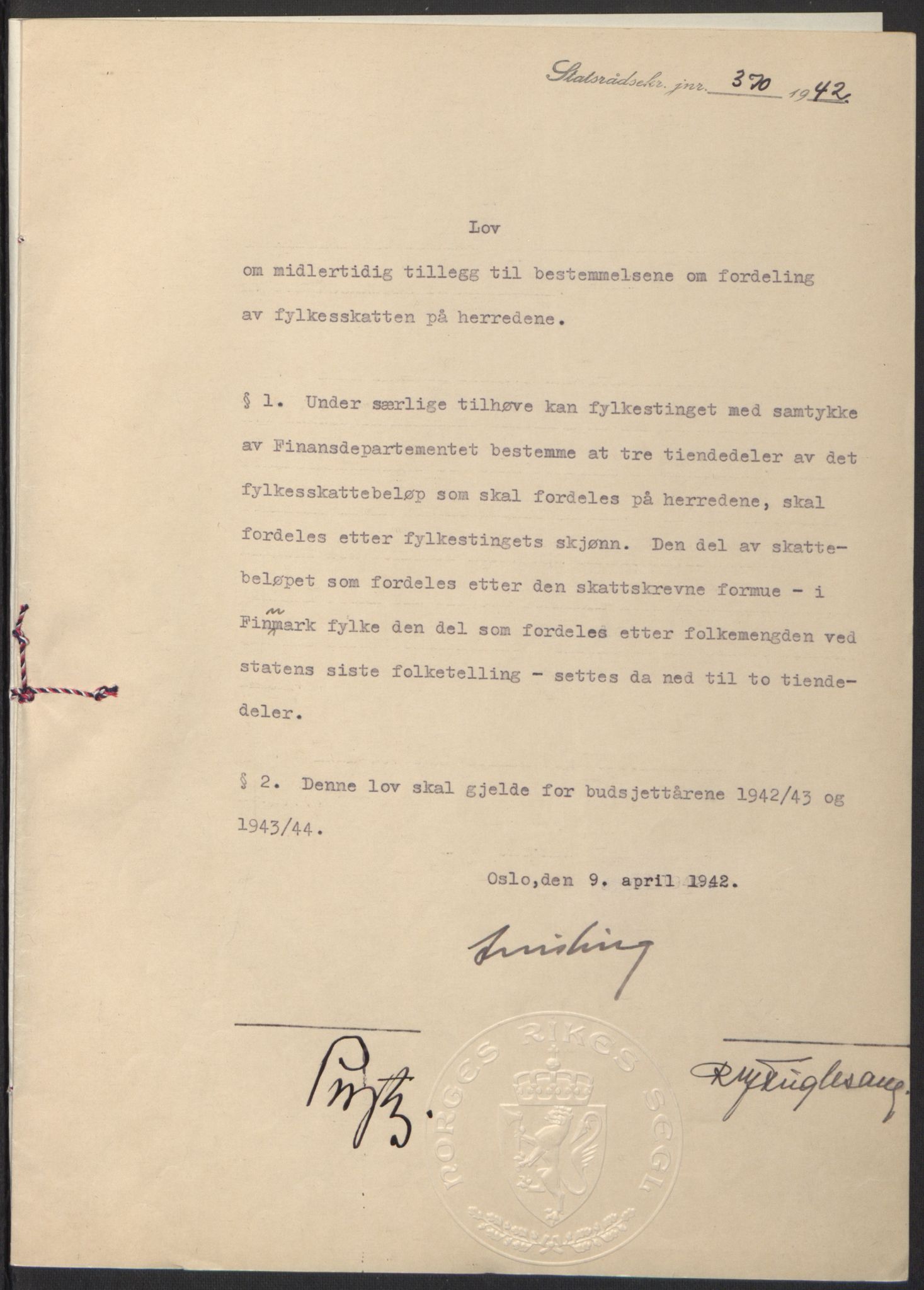 NS-administrasjonen 1940-1945 (Statsrådsekretariatet, de kommisariske statsråder mm), RA/S-4279/D/Db/L0097: Lover I, 1942, s. 247