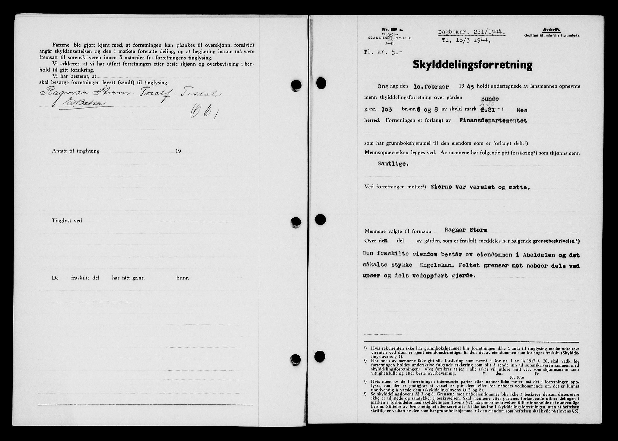 Flekkefjord sorenskriveri, SAK/1221-0001/G/Gb/Gba/L0059: Pantebok nr. A-7, 1944-1945, Dagboknr: 221/1944
