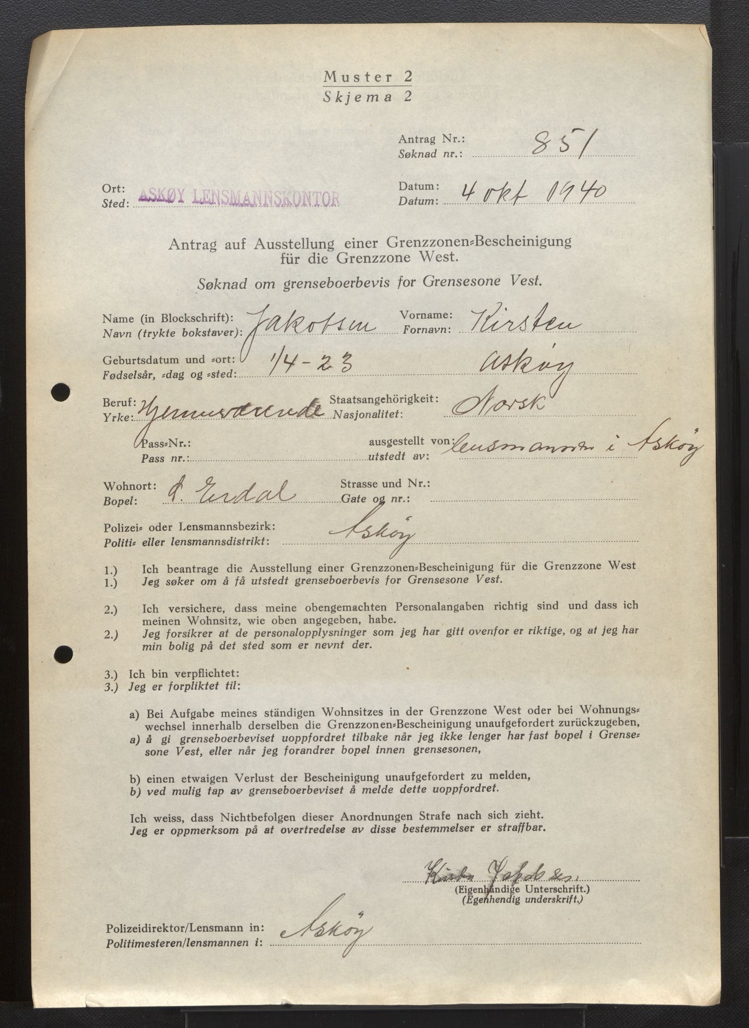 Lensmannen i Askøy, AV/SAB-A-31001/0026/L0005: Søknader om grensebuarbevis 851 - 1275, 1940, s. 1