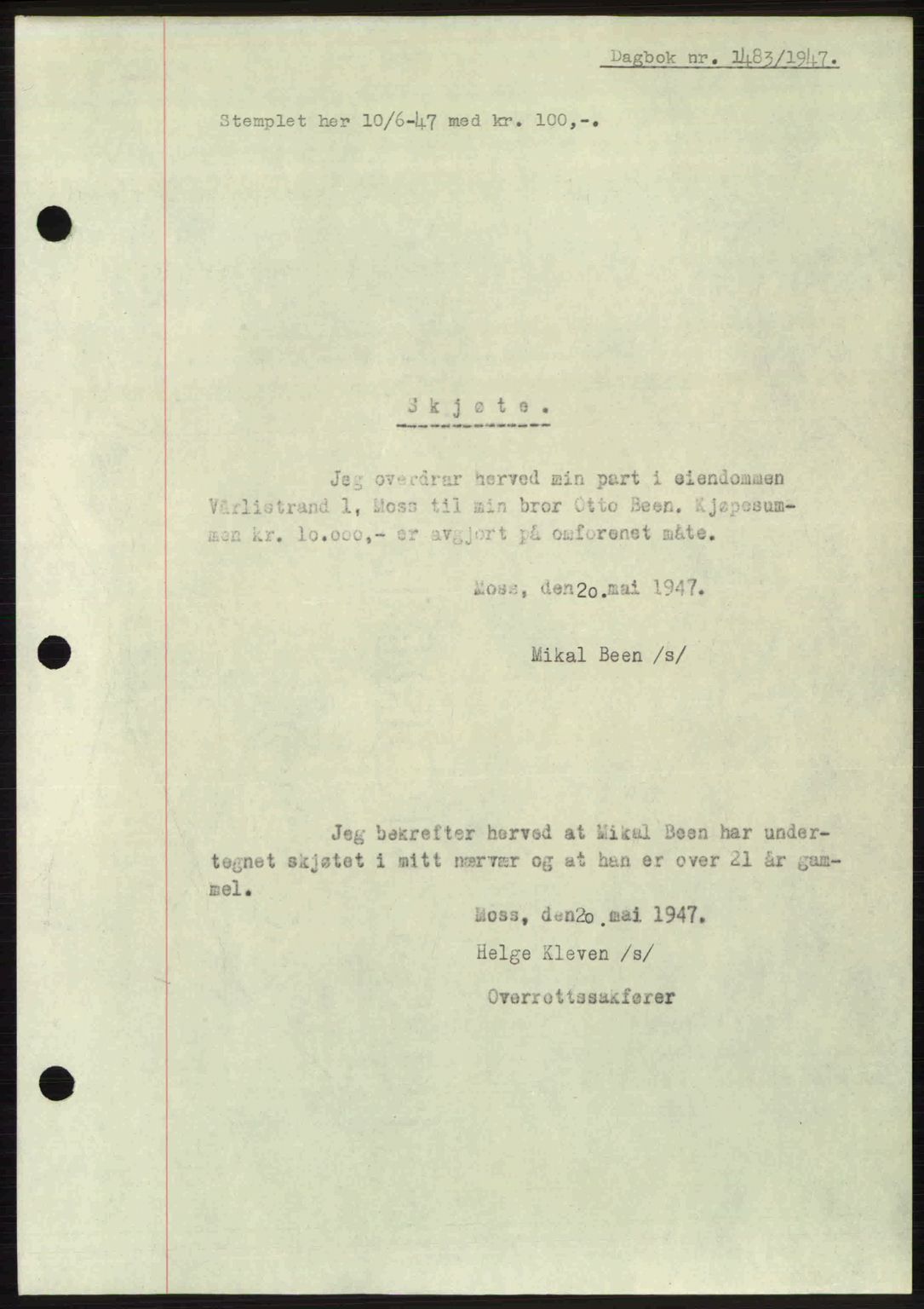 Moss sorenskriveri, SAO/A-10168: Pantebok nr. A17, 1947-1947, Dagboknr: 1483/1947