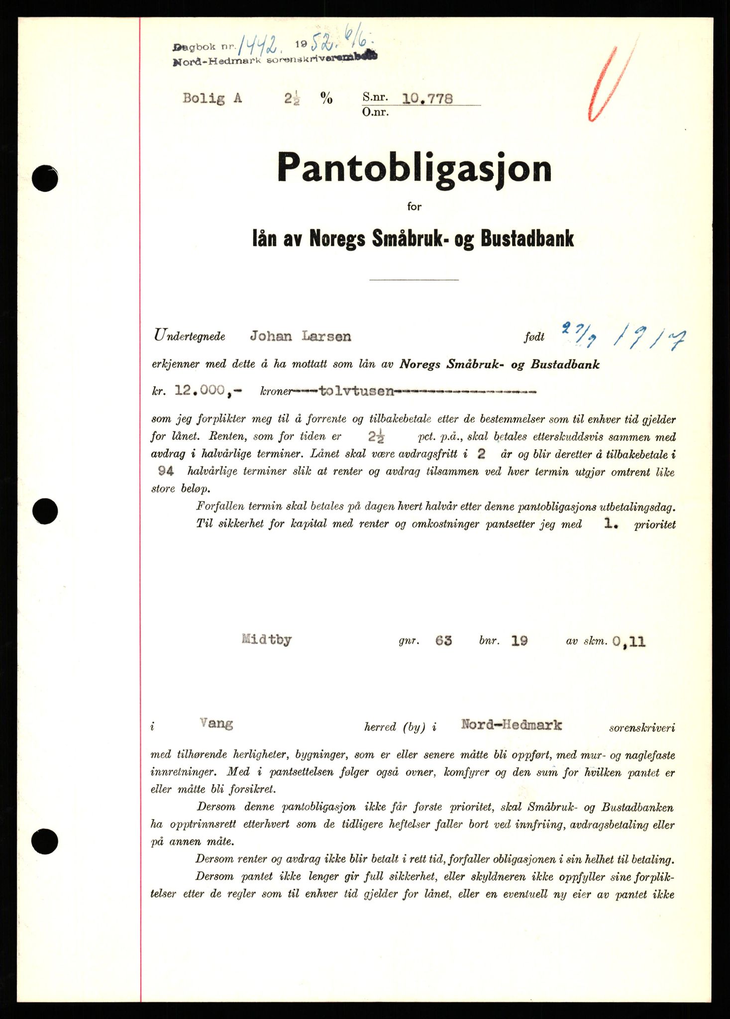 Nord-Hedmark sorenskriveri, SAH/TING-012/H/Hb/Hbf/L0025: Pantebok nr. B25, 1952-1952, Dagboknr: 1442/1952