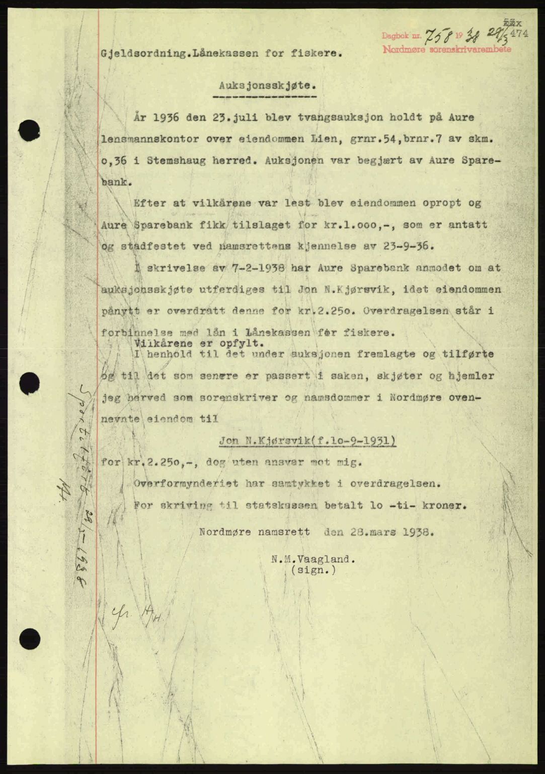 Nordmøre sorenskriveri, SAT/A-4132/1/2/2Ca: Pantebok nr. A83, 1938-1938, Dagboknr: 758/1938