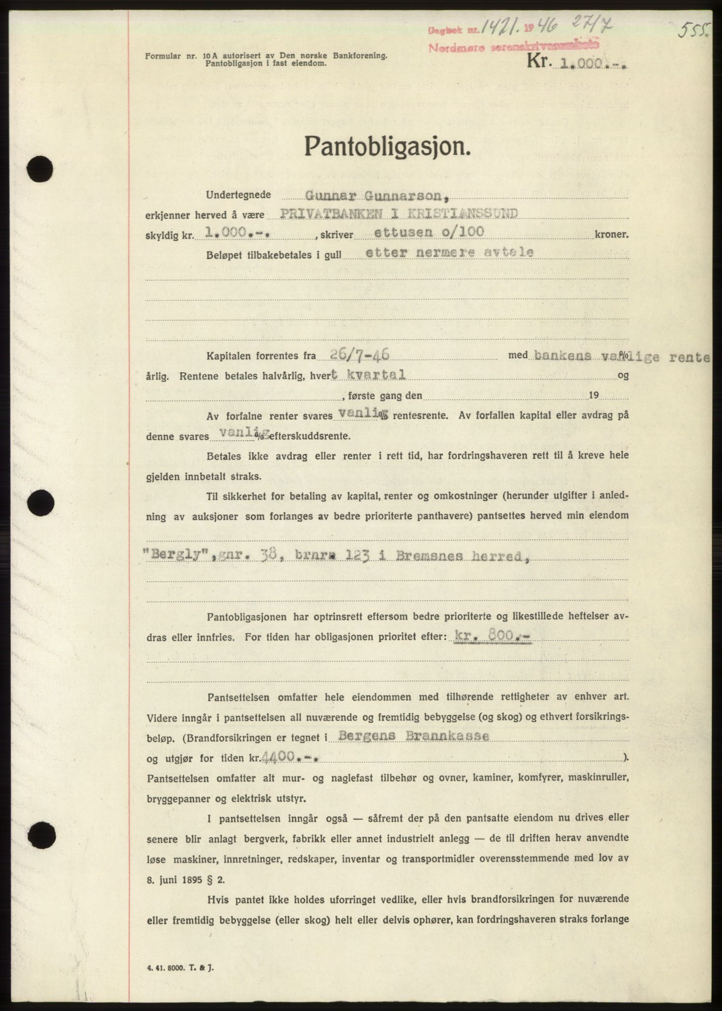 Nordmøre sorenskriveri, SAT/A-4132/1/2/2Ca: Pantebok nr. B94, 1946-1946, Dagboknr: 1421/1946